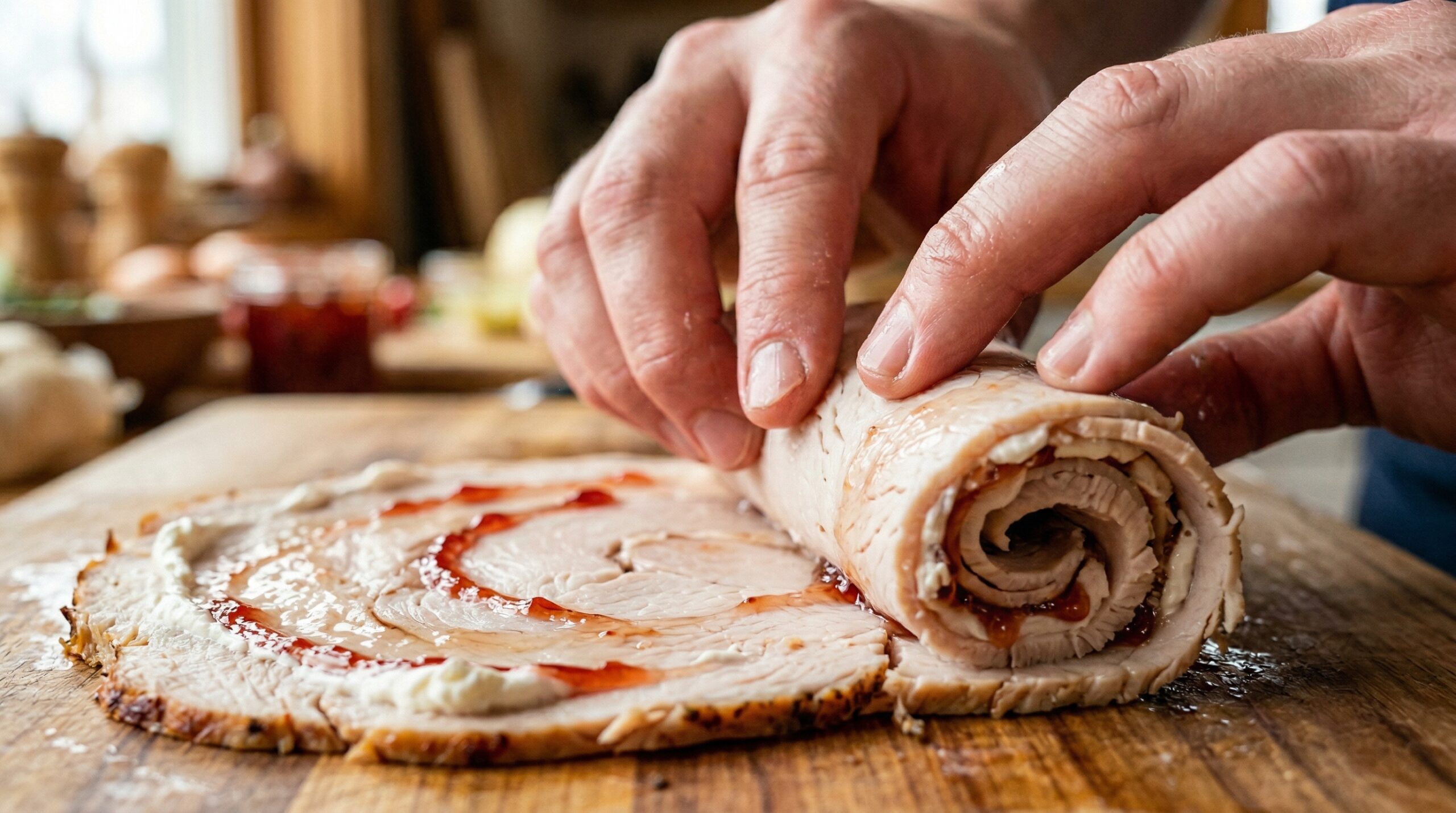 Macro detail of two hands actively rolling a slice of roasted turkey heavily slathered with a thick, swirled paste of goat cheese and red pepper jelly into a tight cylinder