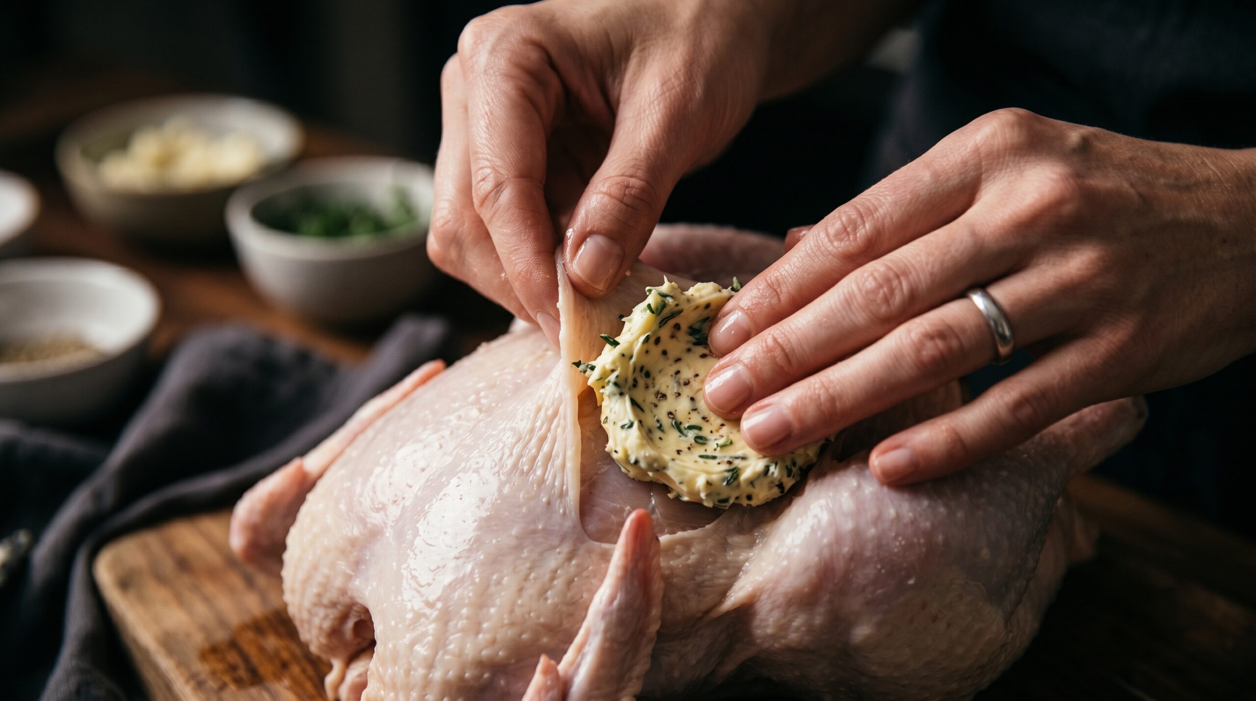 Action shot of hands gently separating the skin from the breast of a raw whole chicken to press thick, green herb compound butter underneath