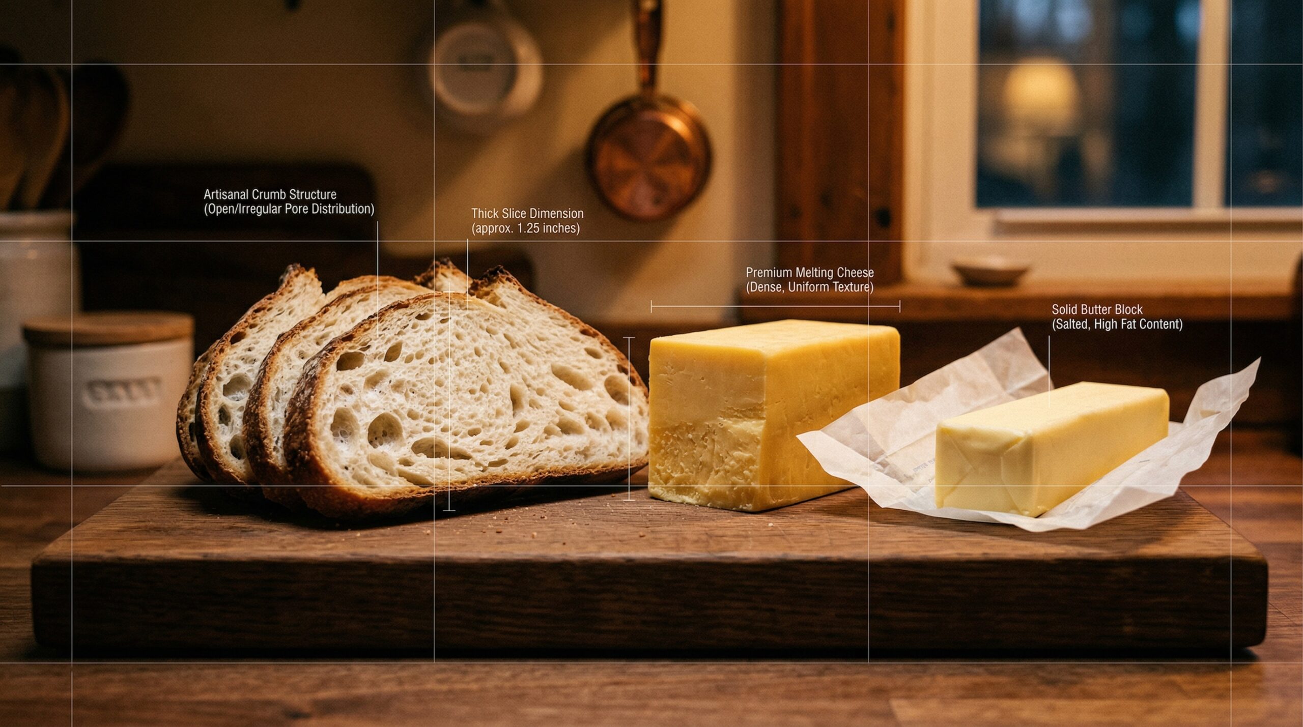 Thick slices of artisanal white bread, a block of premium melting cheese, and butter resting on a heavy wooden prep board