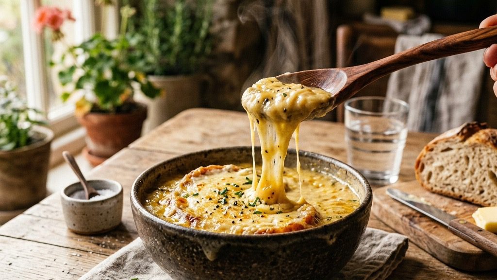 A rustic ceramic bowl filled with creamy, rich cheese soup on a wooden farmhouse table.