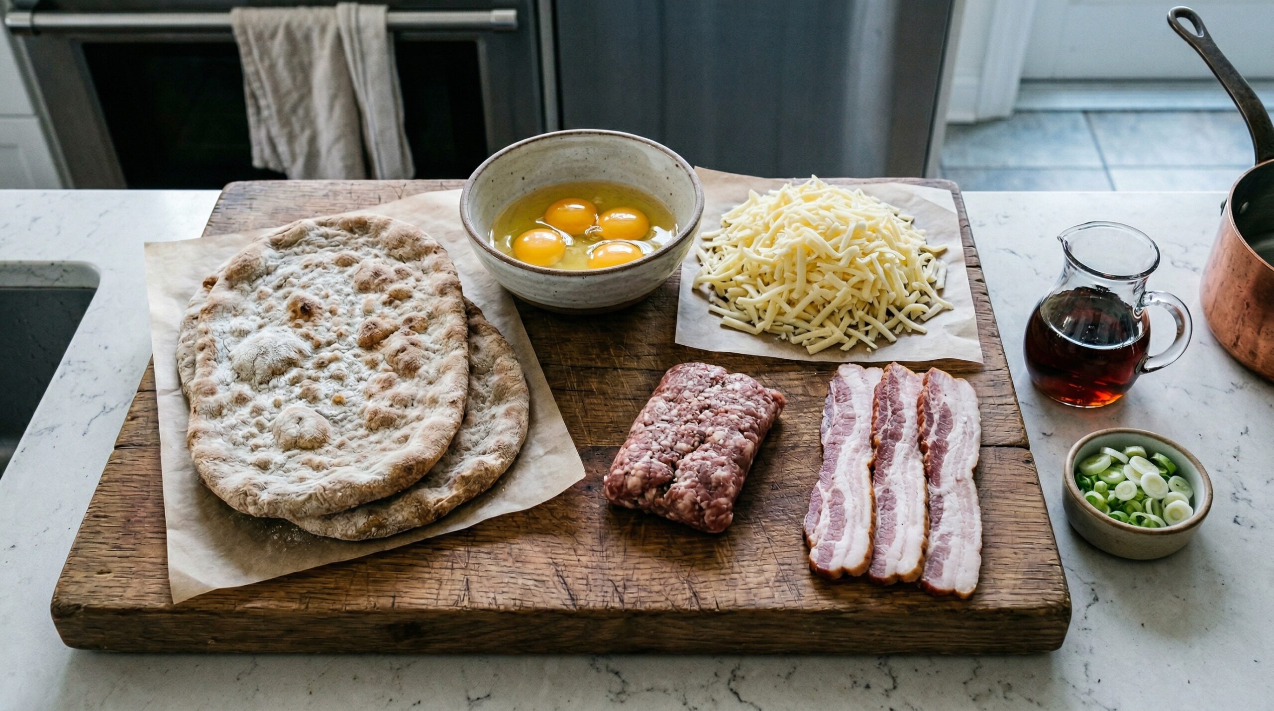 Two artisan flatbread crusts resting next to a bowl of freshly cracked eggs, shredded Monterey Jack cheese, raw bulk sausage, and thick-cut bacon strips on a wooden prep board
