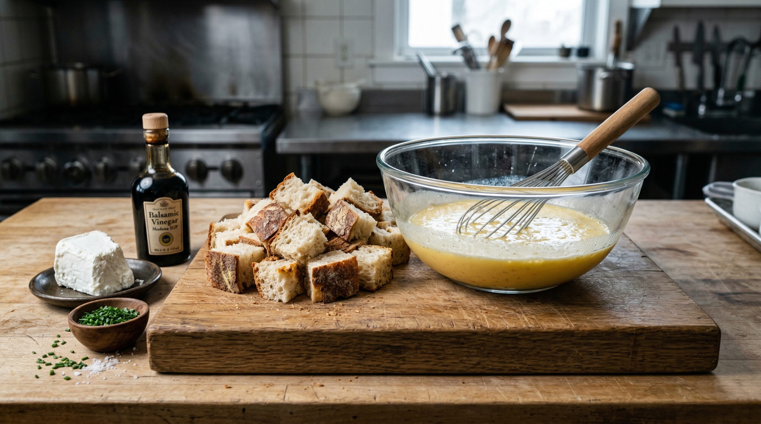 Thick cubes of crusty white bread resting next to a heavy glass bowl filled with a whisked egg and half-and-half emulsion, goat cheese, and balsamic vinegar
