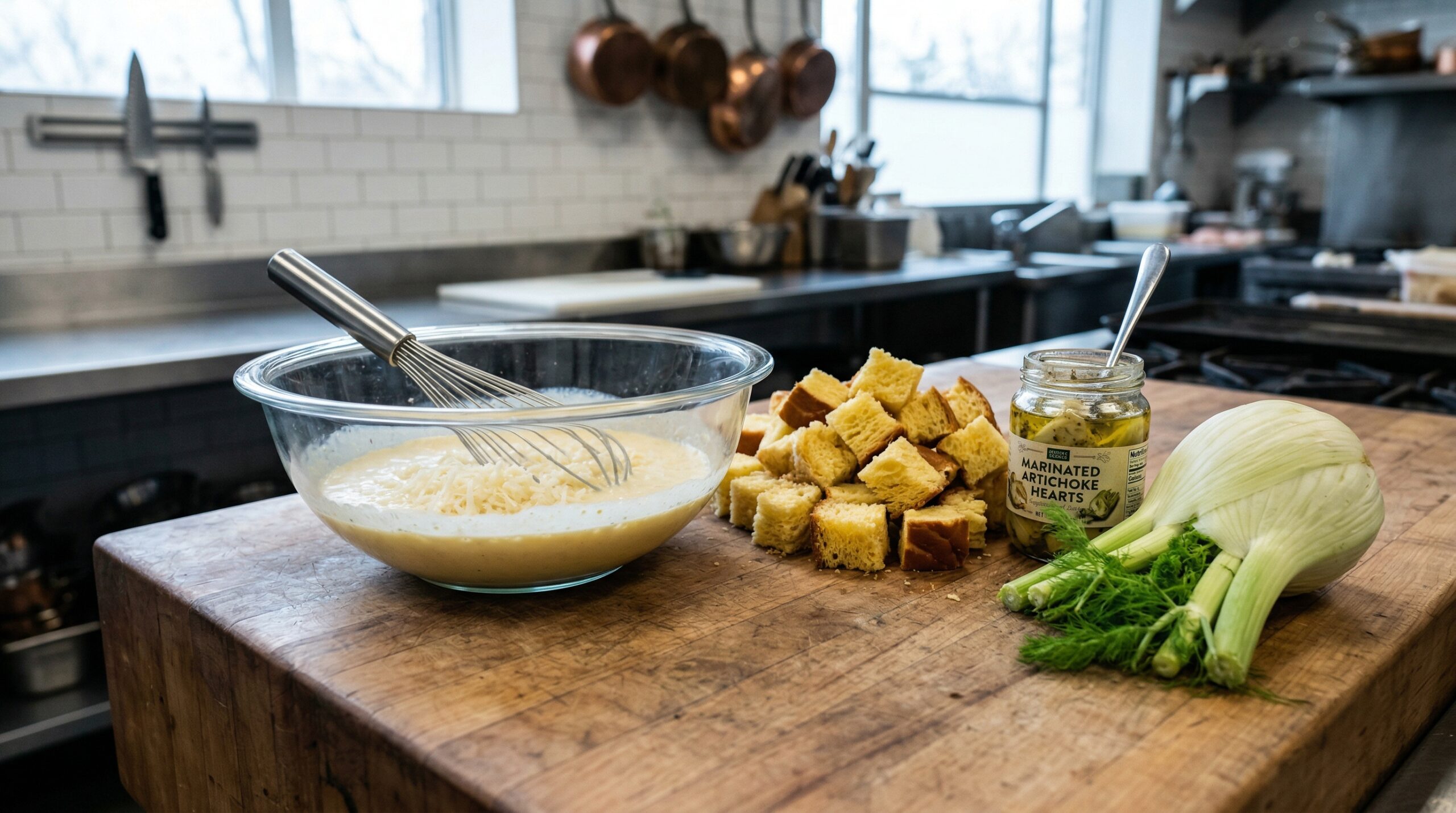 A heavy glass bowl holds a whisked, pale yellow mixture of fresh eggs, milk, grated Gruyere, and Dijon mustard next to thick cubes of brioche bread, marinated artichoke hearts, and a fresh fennel bulb