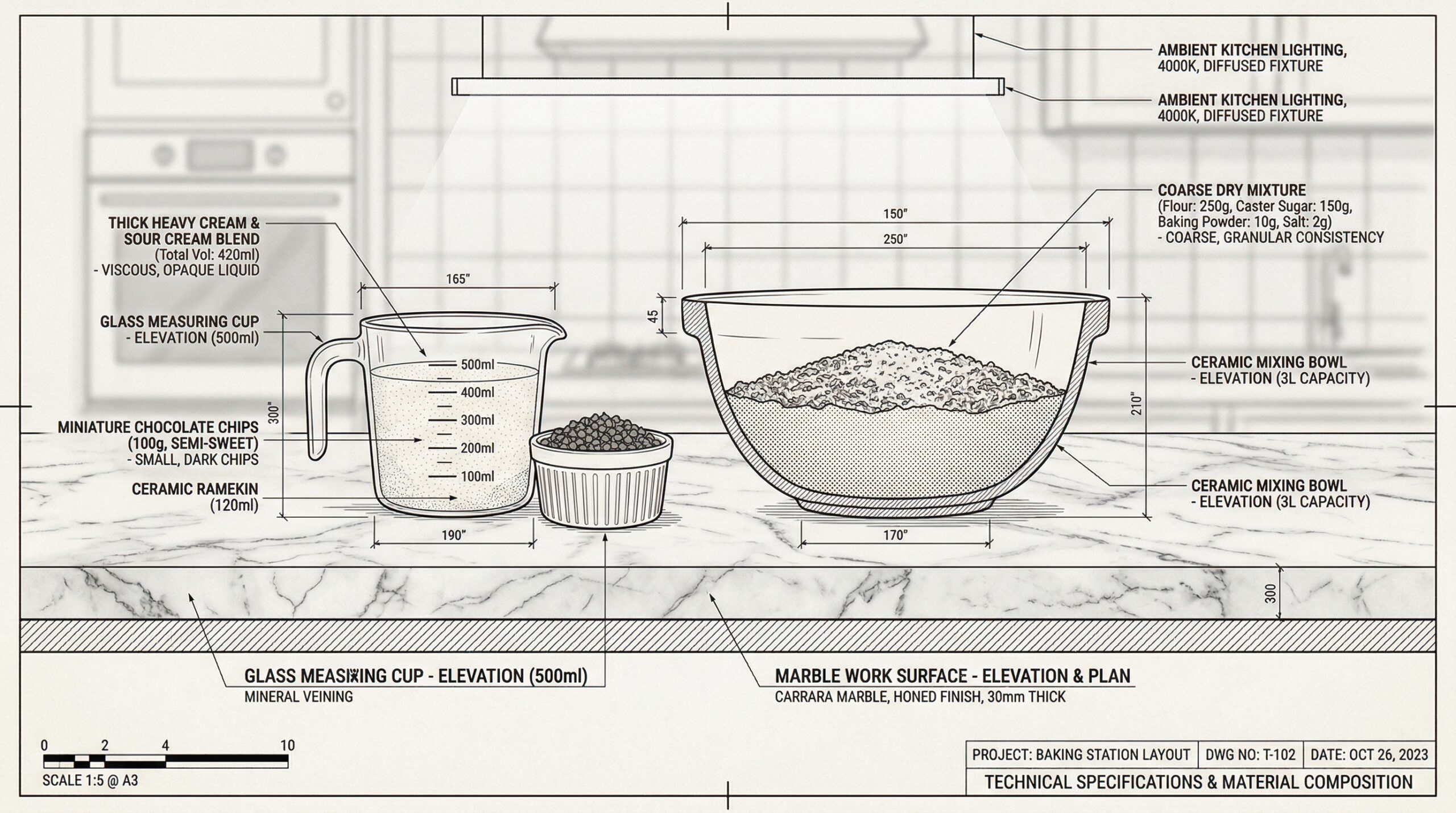 A heavy ceramic mixing bowl holding a coarse, dry mixture of flour, sugar, and baking powder next to a glass measuring cup of thick heavy cream and sour cream on a pristine marble counter