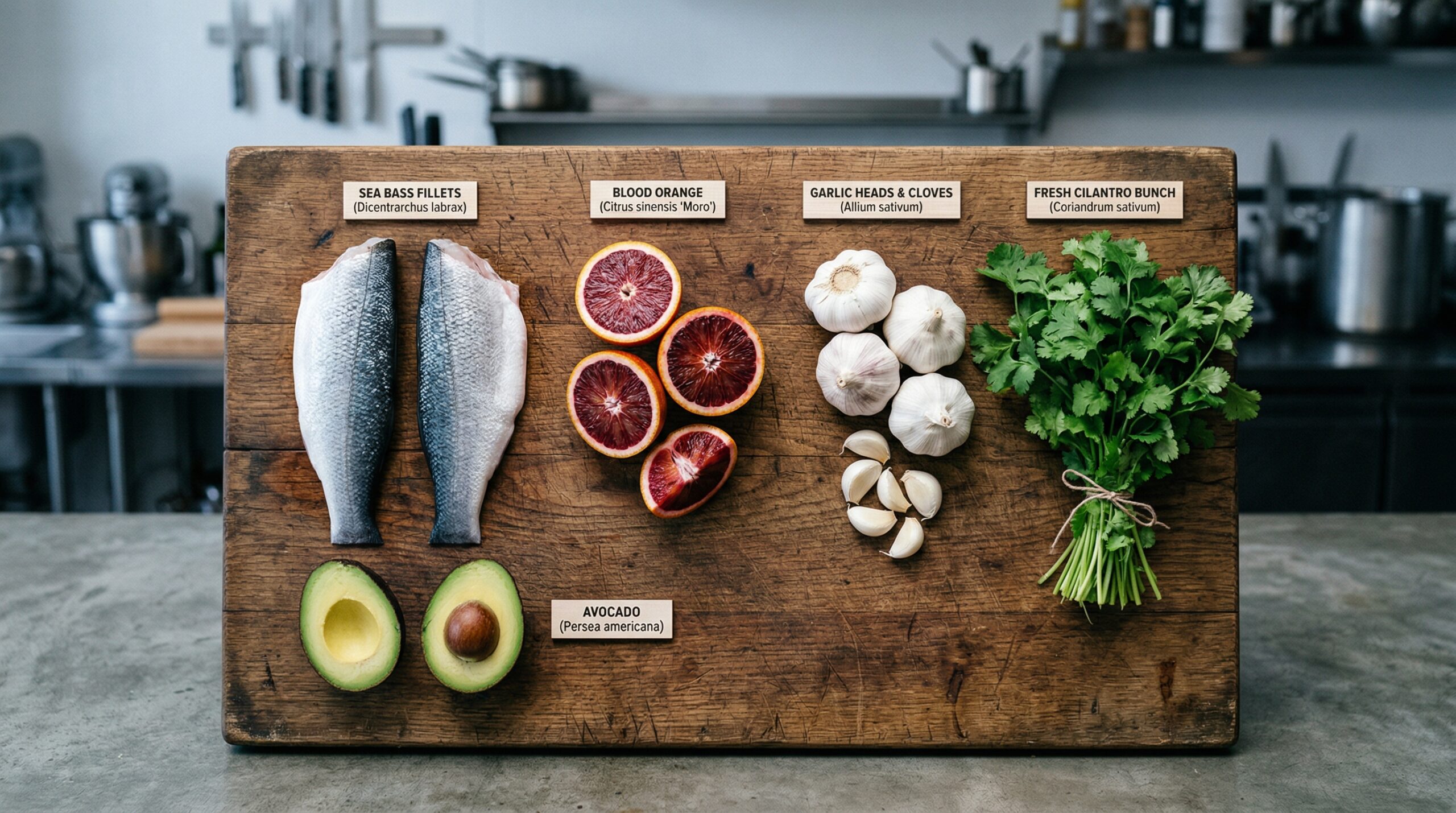Raw sea bass fillets, blood orange halves, and fresh botanicals on a wooden board