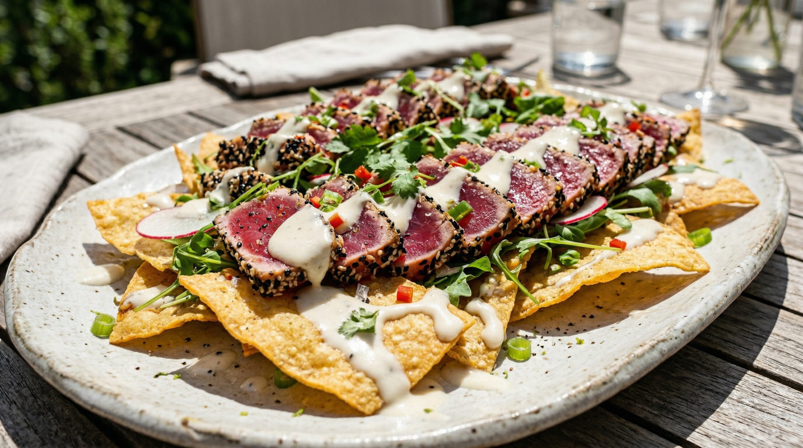 Seared Tuna Nachos with Roasted Garlic Cream
