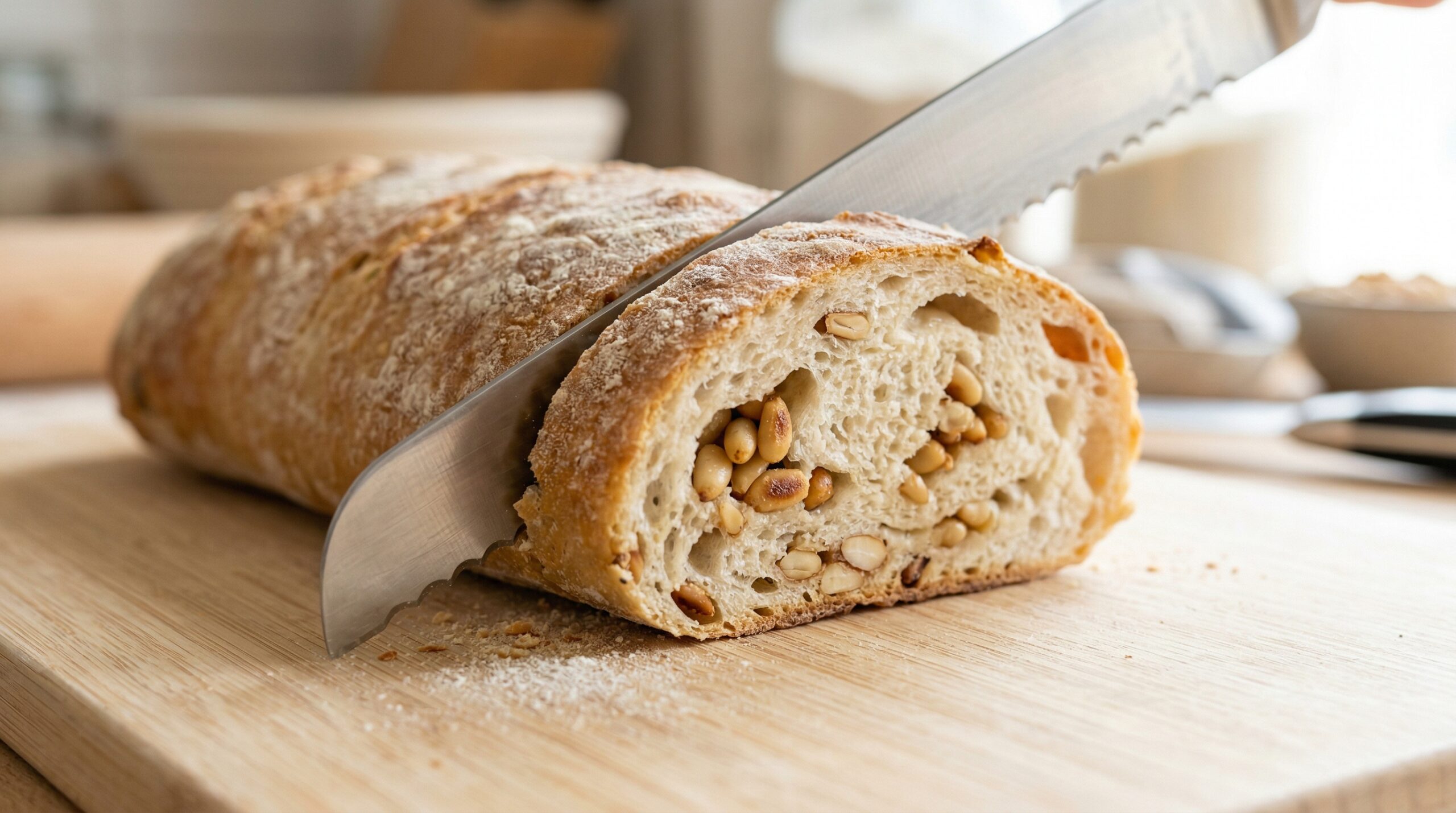 Macro detail of a serrated knife slicing through a par-baked biscotti log