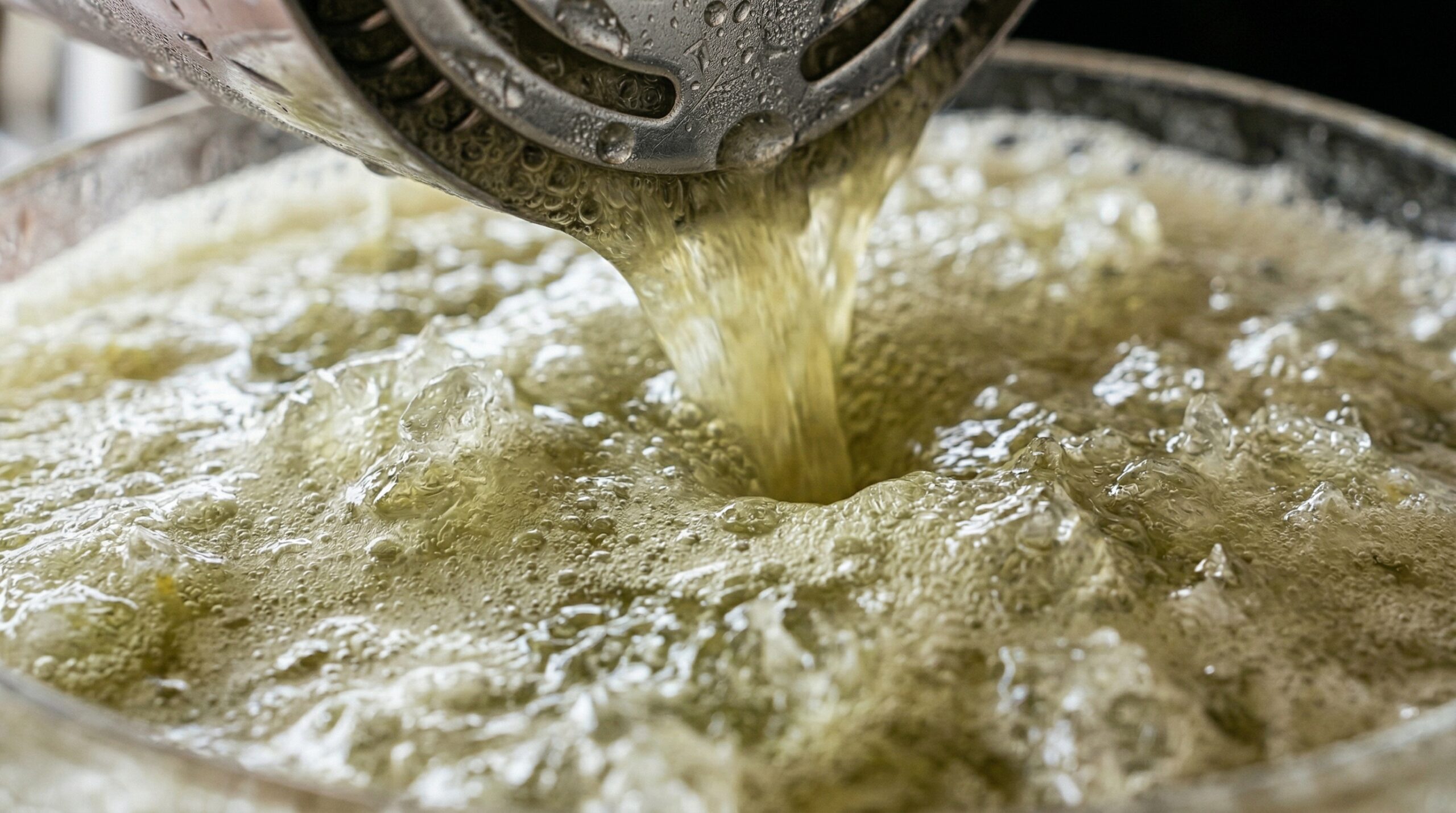 Macro detail of a professional stainless steel cocktail shaker actively pouring a severely cold, frothy, olive-tinted liquid through a Hawthorne strainer into a crystal glass