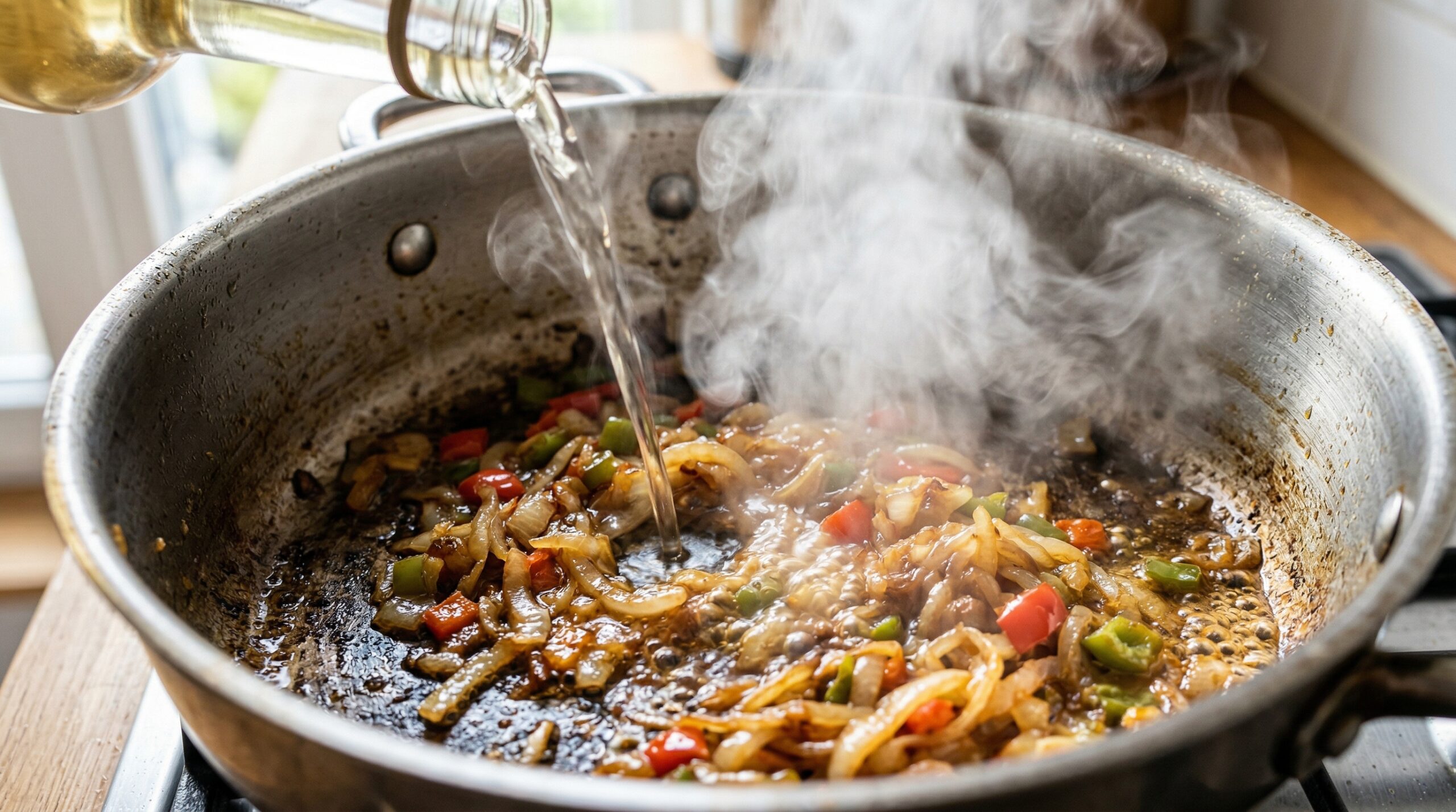 Dry sherry being poured into a soup pot to deglaze sautéed aromatics