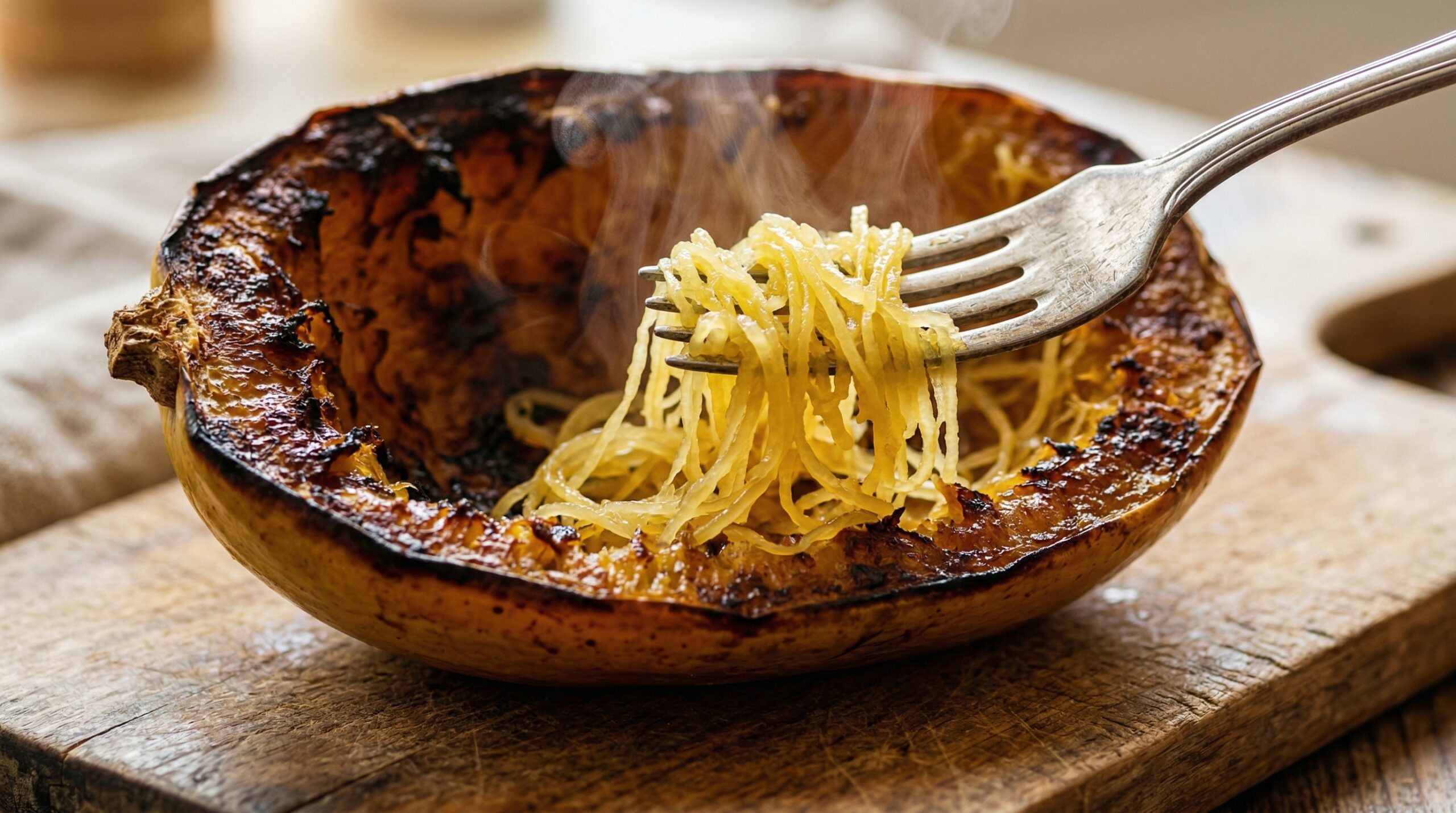 Scraping roasted spaghetti squash strands with a silver fork