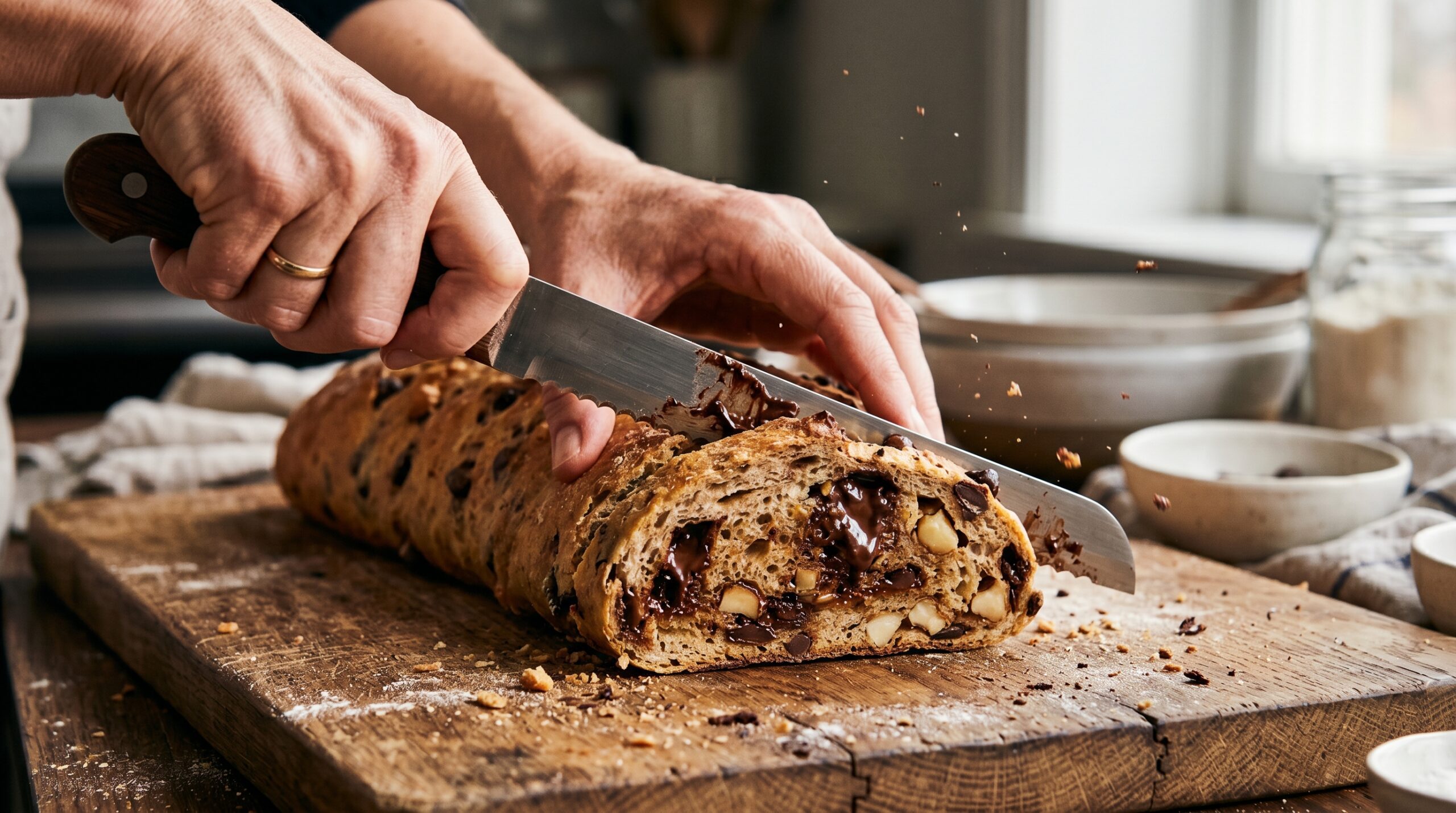 Action shot of elegant hands using a sharp serrated knife to cut a baked golden dough log into diagonal slices on a wooden cutting board