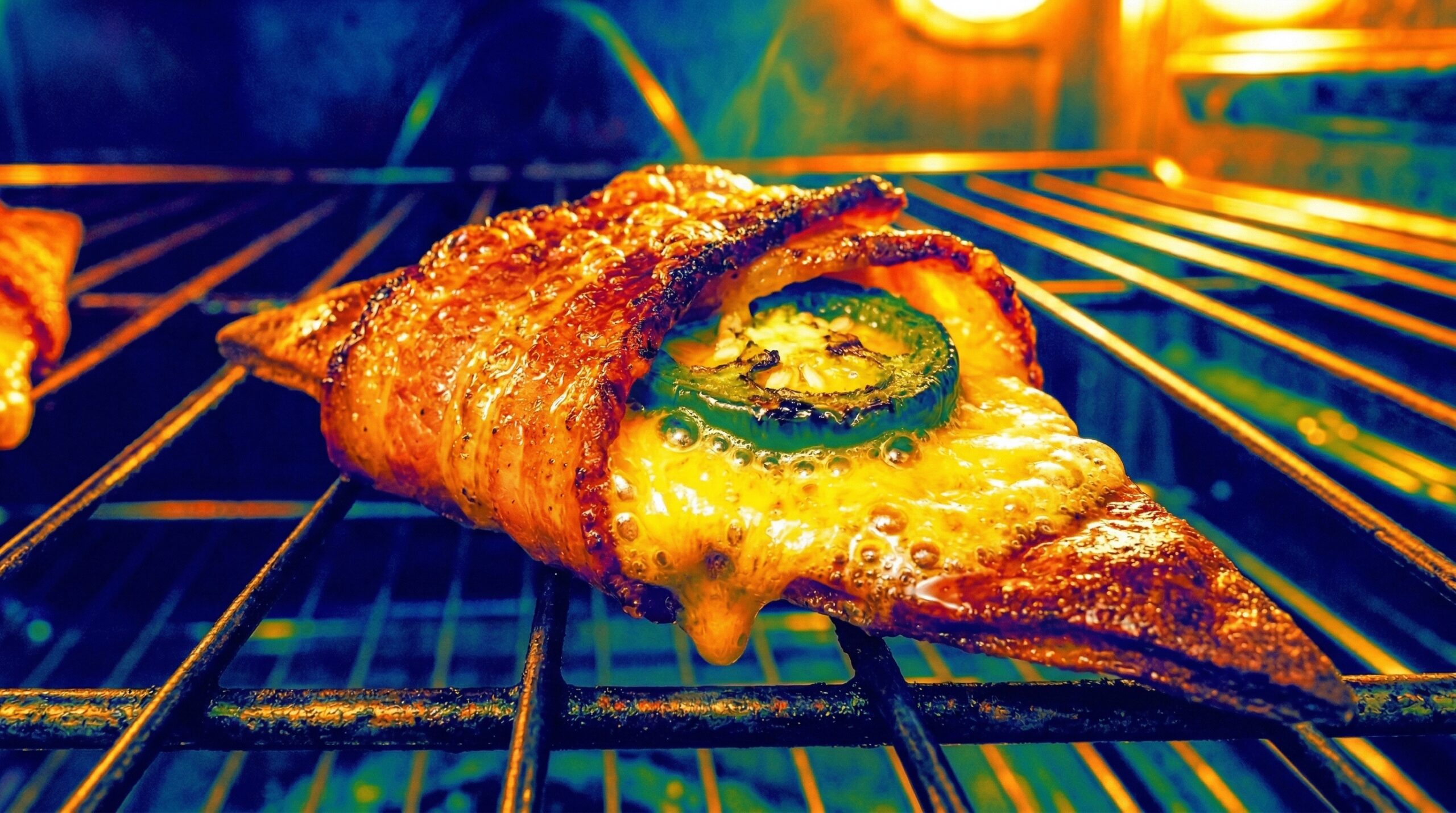 Macro detail of bacon-wrapped pita chips resting on a metal wire rack in the oven as pork fat actively renders and sharp cheddar cheese melts