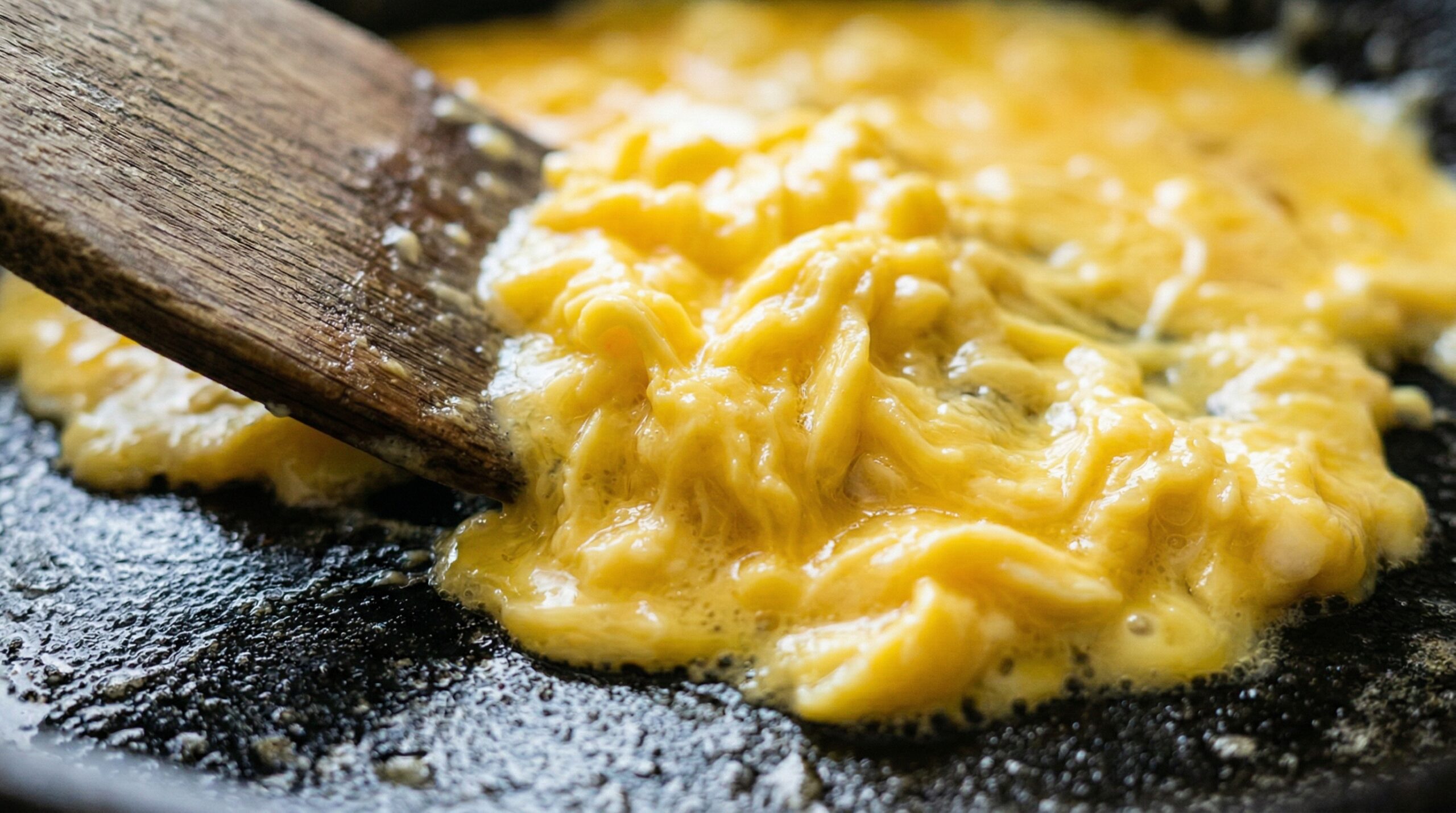 Macro detail of whisked eggs being gently pushed with a wooden spatula over low heat inside a heavy cast-iron skillet, forming soft, glossy, bright yellow curds