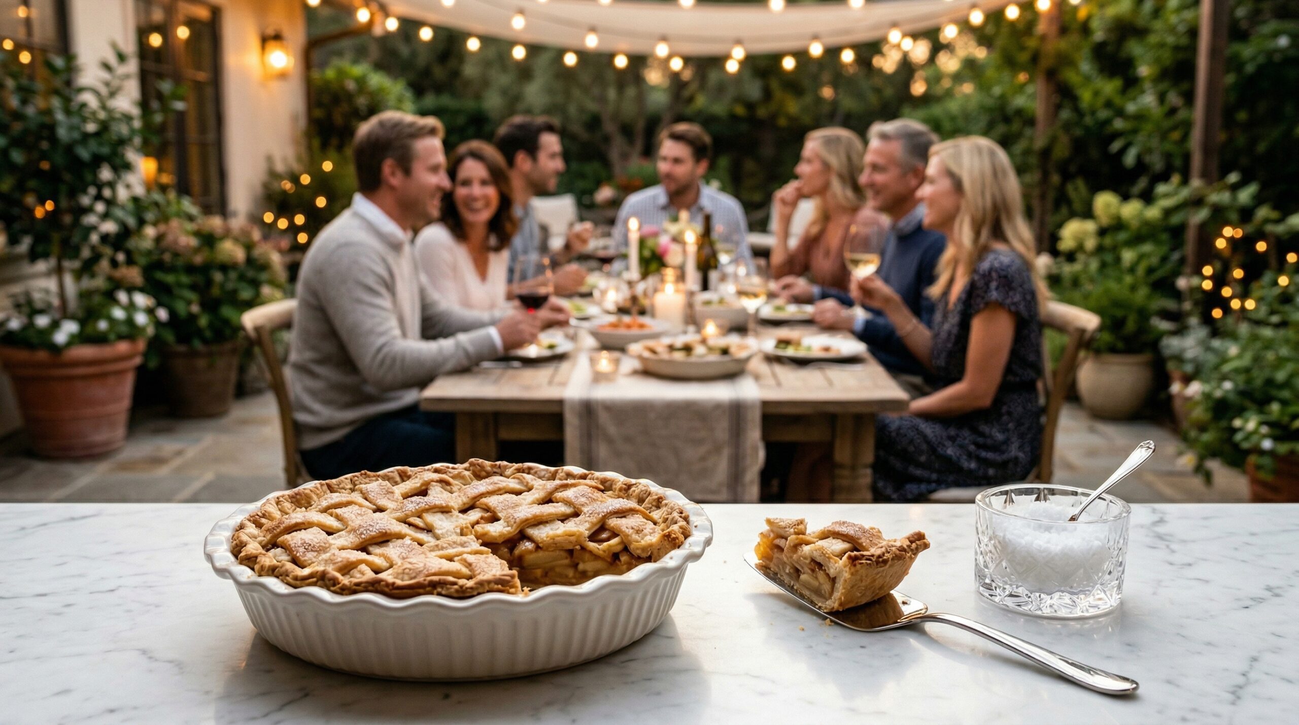 Outdoor evening gathering with a silver pie server and ceramic dish in the foreground