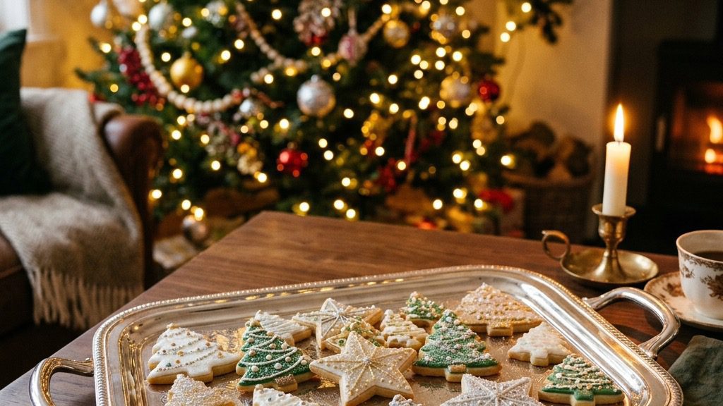 An elegant silver tray perfectly arranged with beautifully decorated Christmas sugar cookies shaped like trees and stars.