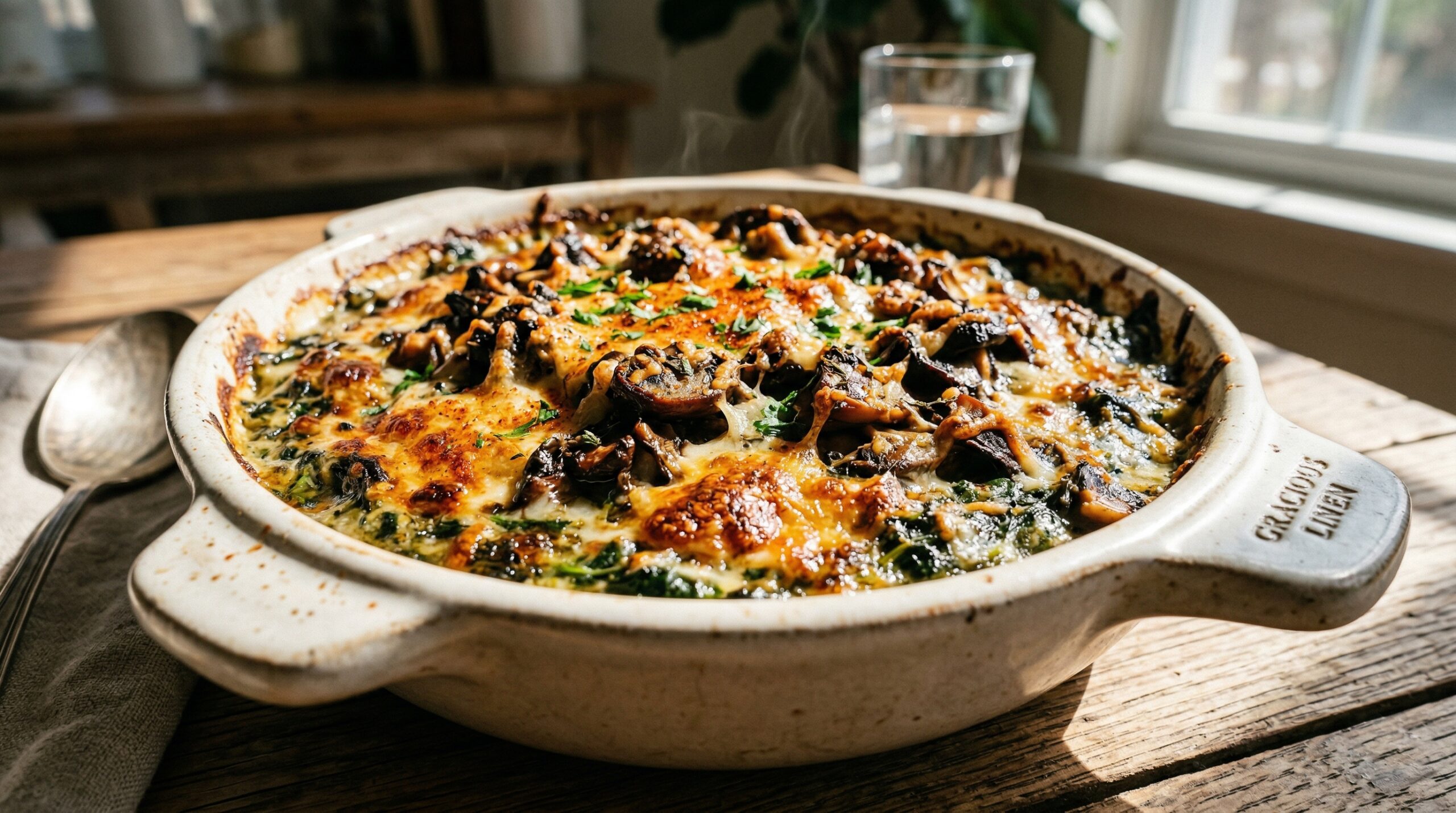 Spinach Au Gratin with Sautéed Mushrooms