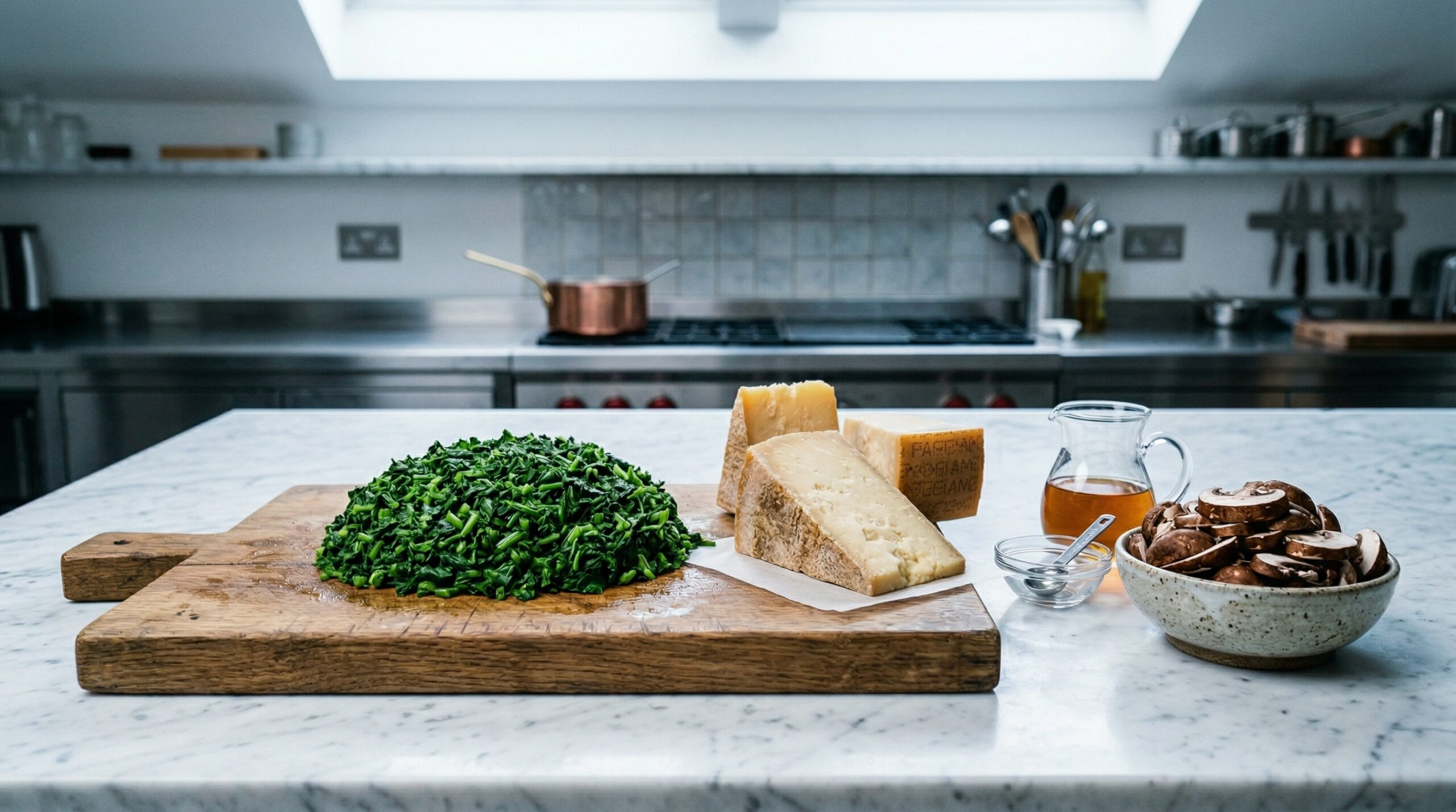 A large mound of blanched, vibrant green chopped spinach resting on a heavy wooden prep board next to a wedge of Gruyere cheese, a glass pitcher of dry sherry, and sliced mushrooms