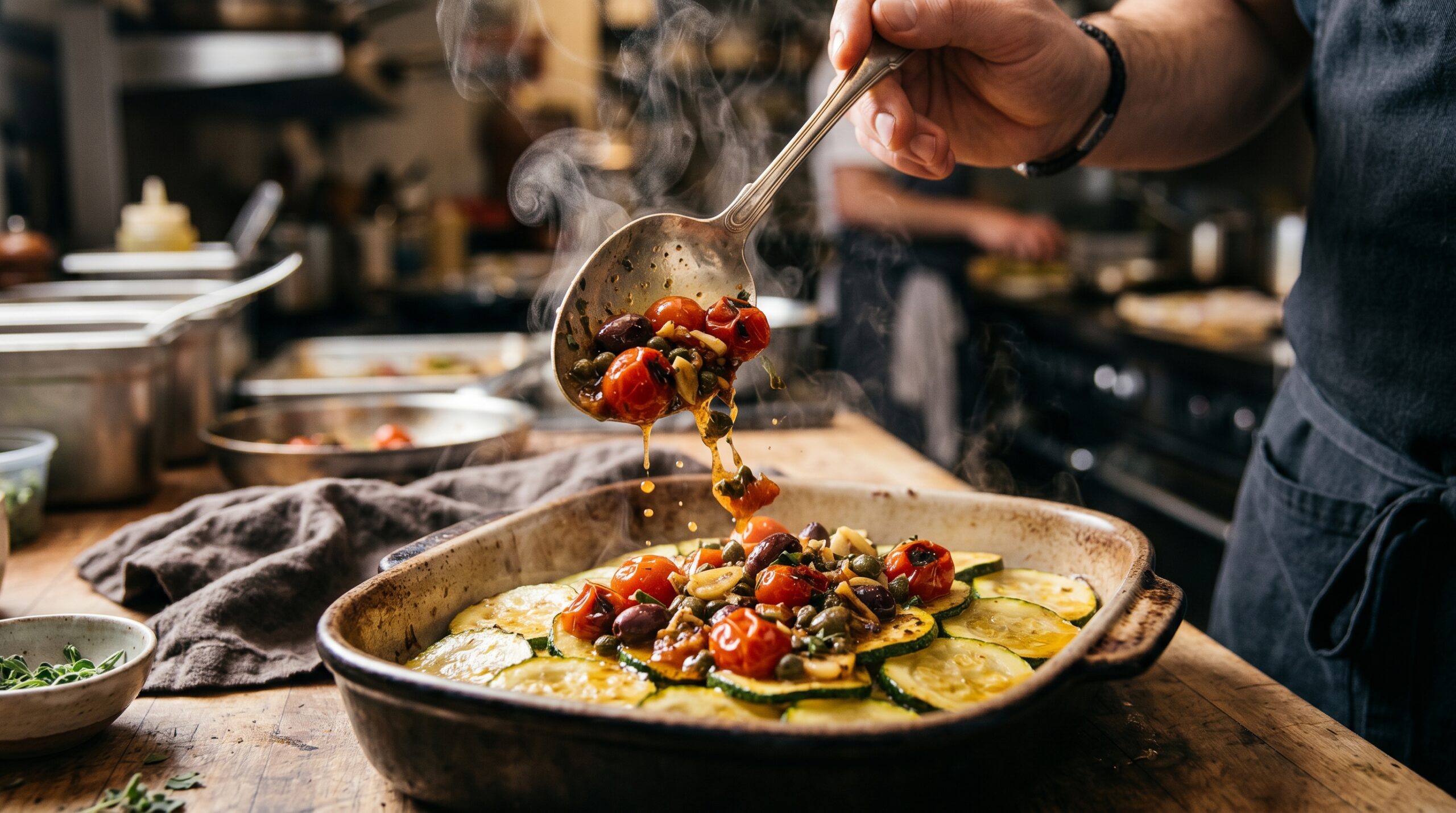 Action shot of an elegant silver serving spoon generously spooning a steaming, glossy mixture of blistered tomatoes, garlic, olives, and capers directly over soft poached zucchini rounds