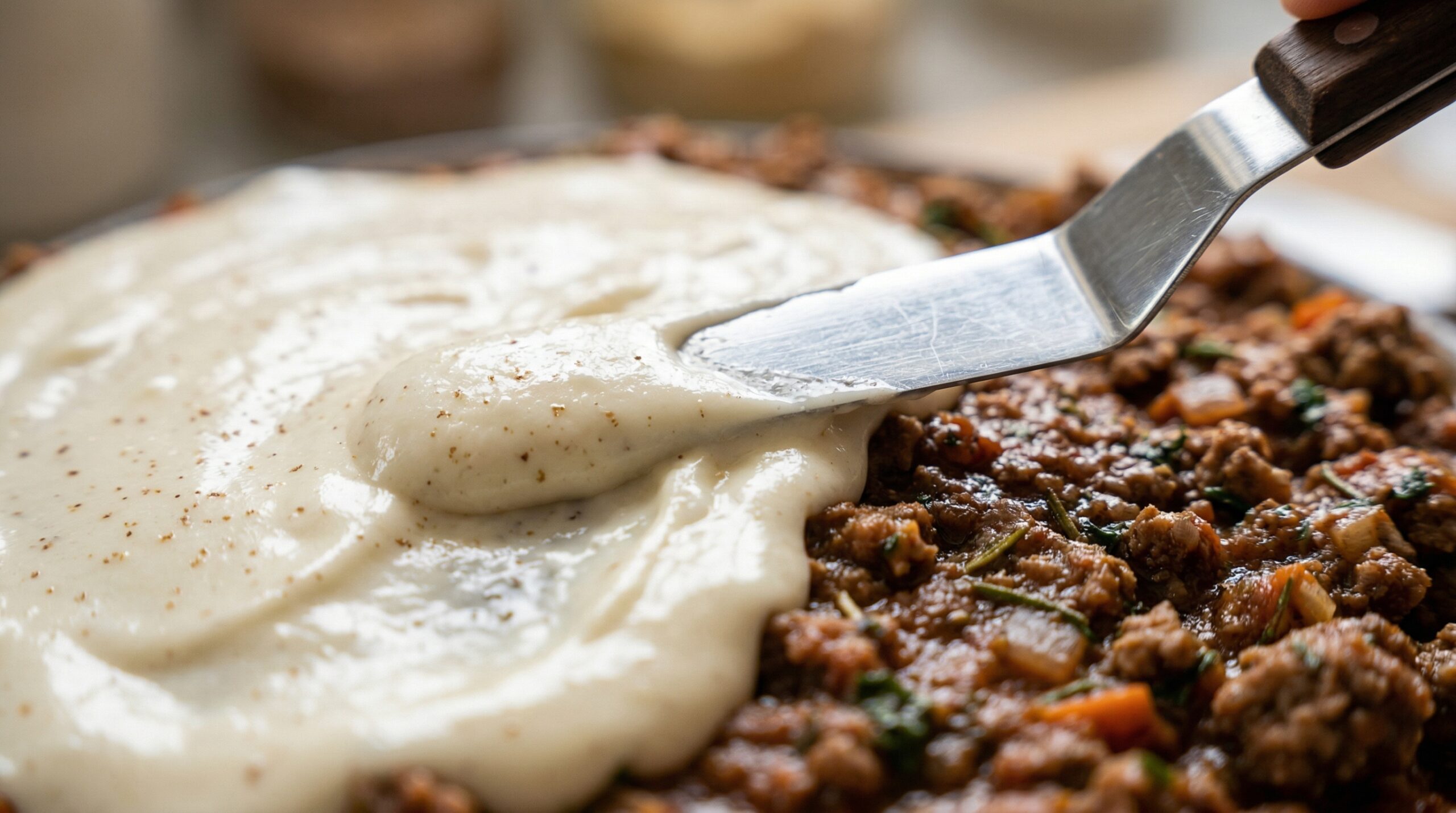 Spreading thick white bechamel sauce over a rich lamb ragu