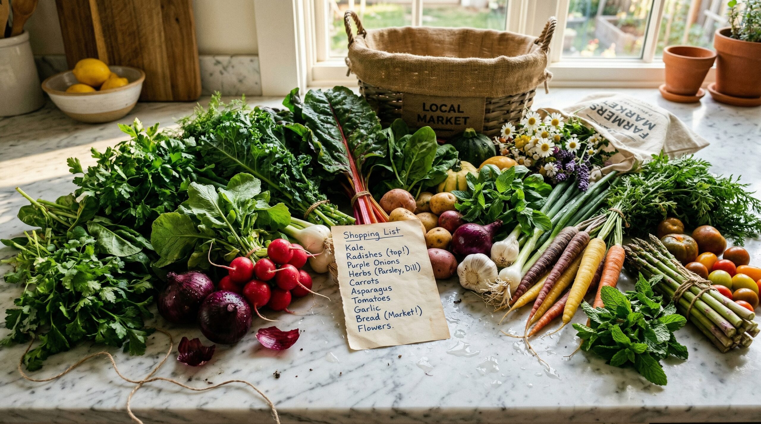 A messy farmers market haul spread out on a marble counter with vibrant green leafy vegetables, radishes, and dark purple onions
