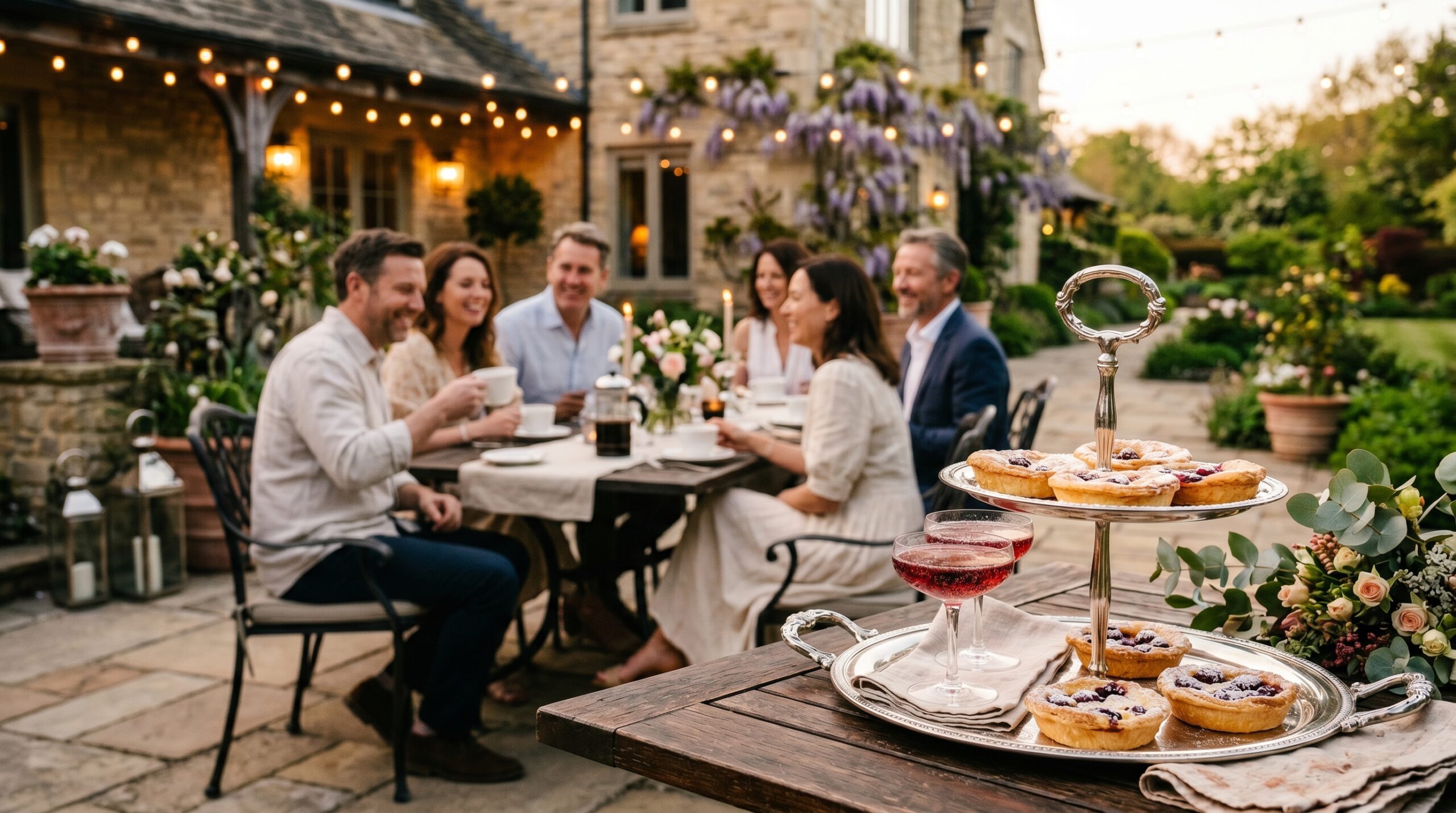 Elegant outdoor estate patio during a warm spring evening gathering with couples laughing in the background, a silver tiered tray of cherry tarts in the foreground