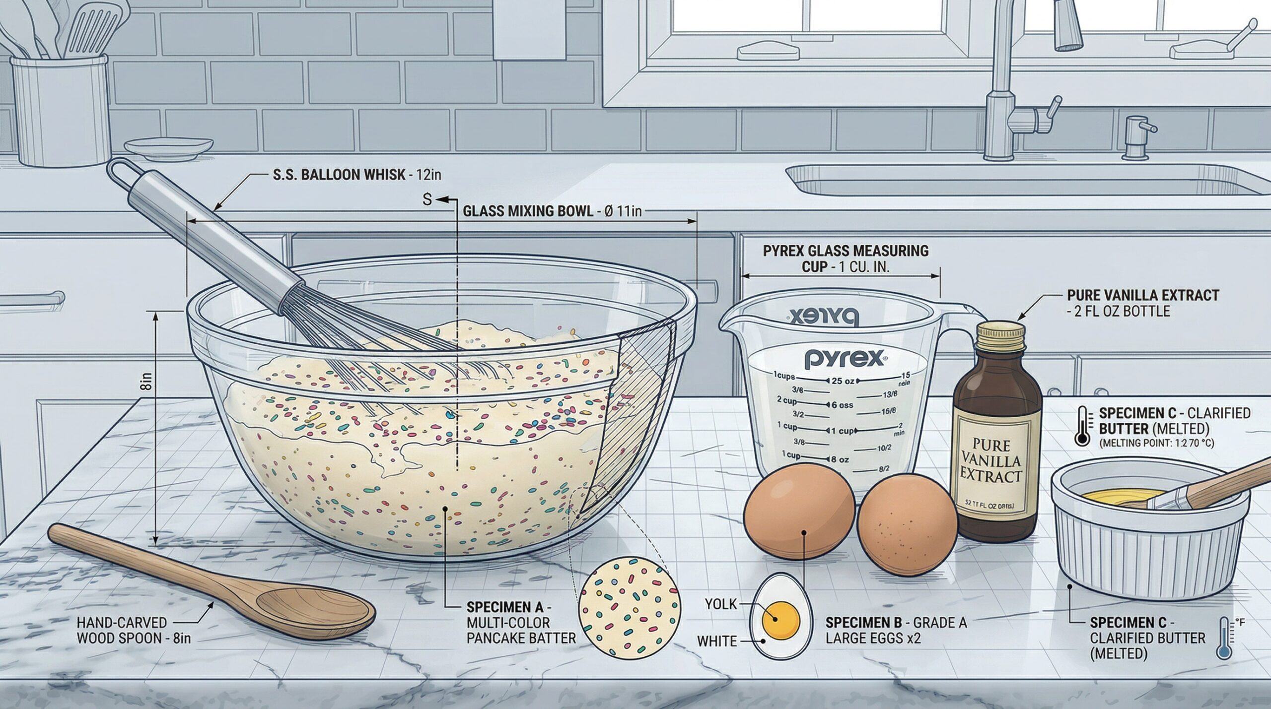 A heavy glass mixing bowl holding a pale yellow pancake batter speckled with bright, colorful sprinkles next to a glass measuring cup of milk and fresh eggs on a pristine marble counter
