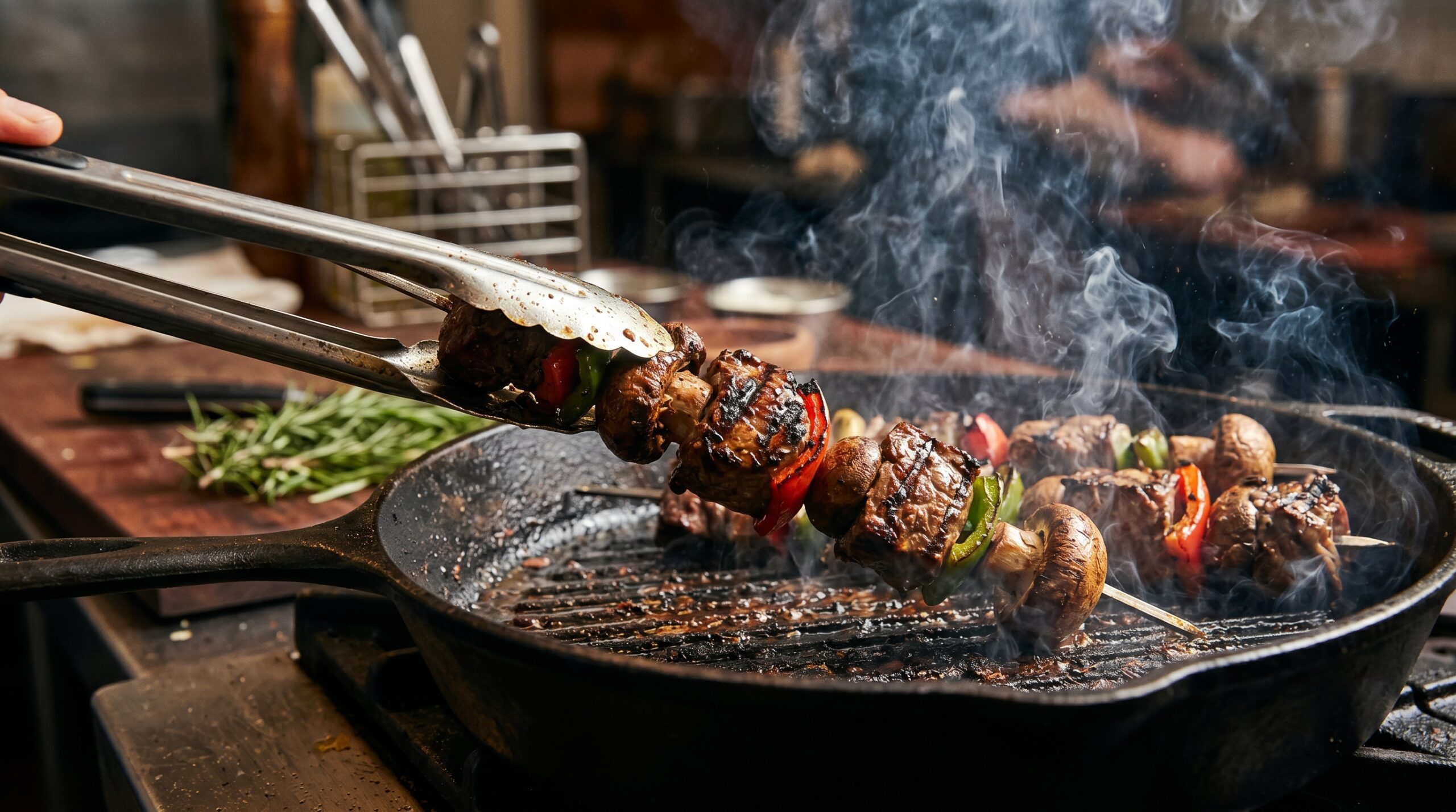 Action shot of heavy metal skewers loaded with beef tenderloin chunks and vegetables actively searing on a smoking-hot cast-iron grill pan