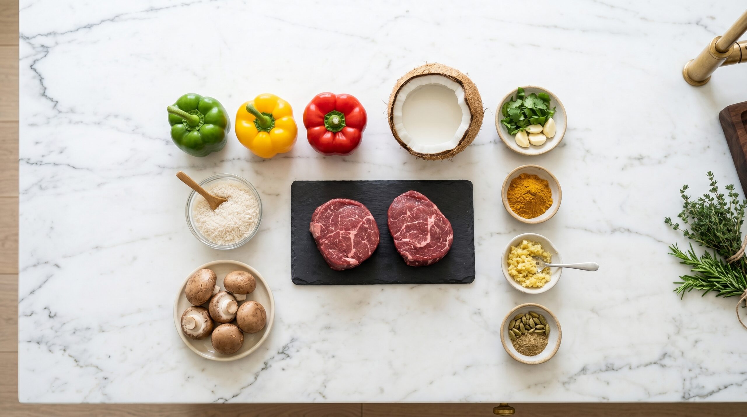 Mise-en-place of raw steak kabob ingredients on a pristine marble kitchen island, including beef tenderloin, whole bell peppers, red onion, portobello mushrooms, and dry jasmine rice