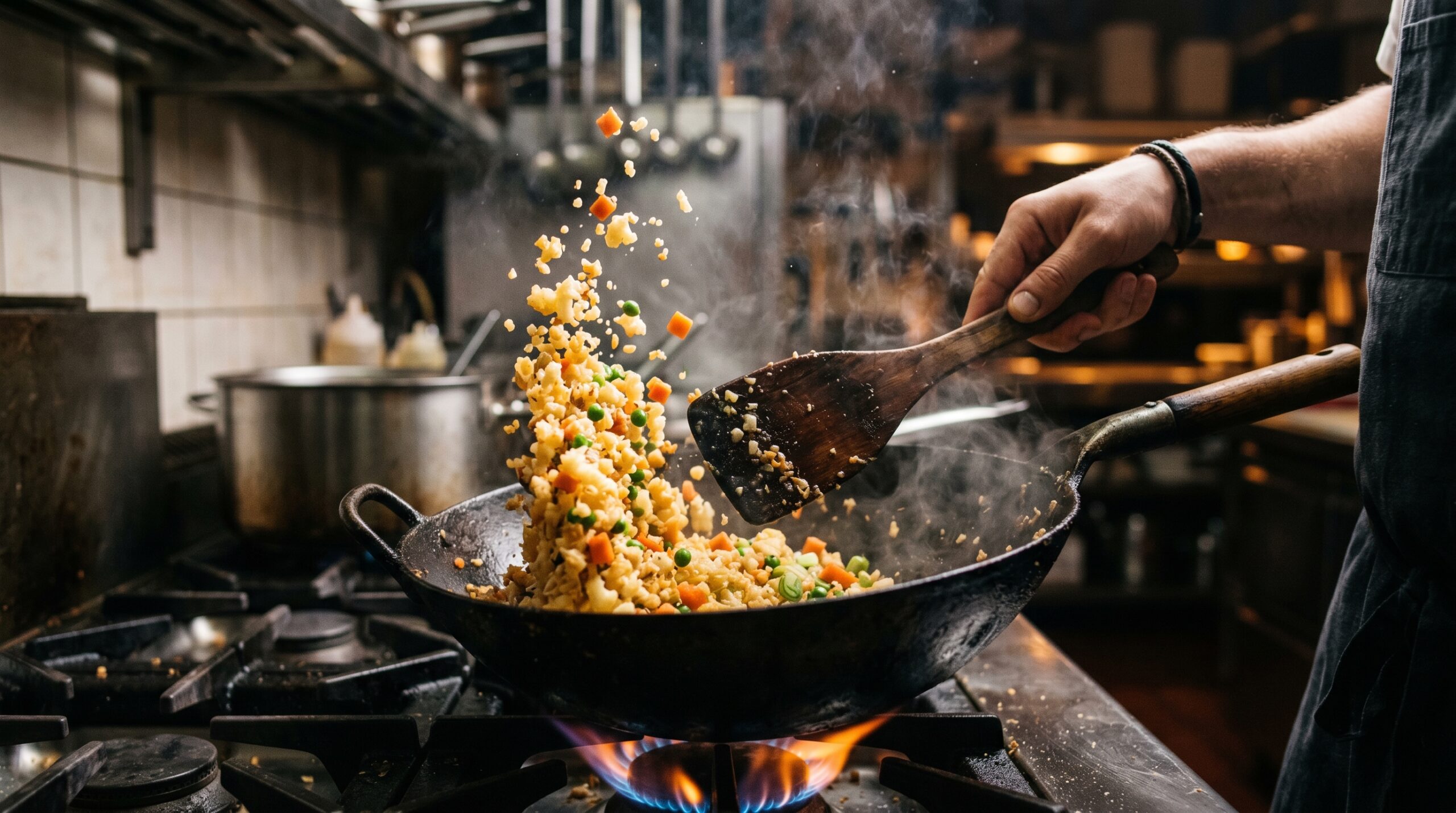 Action shot of a wooden culinary spatula tossing and flipping fluffy cauliflower rice, carrots, and green peas inside a smoking-hot cast-iron wok