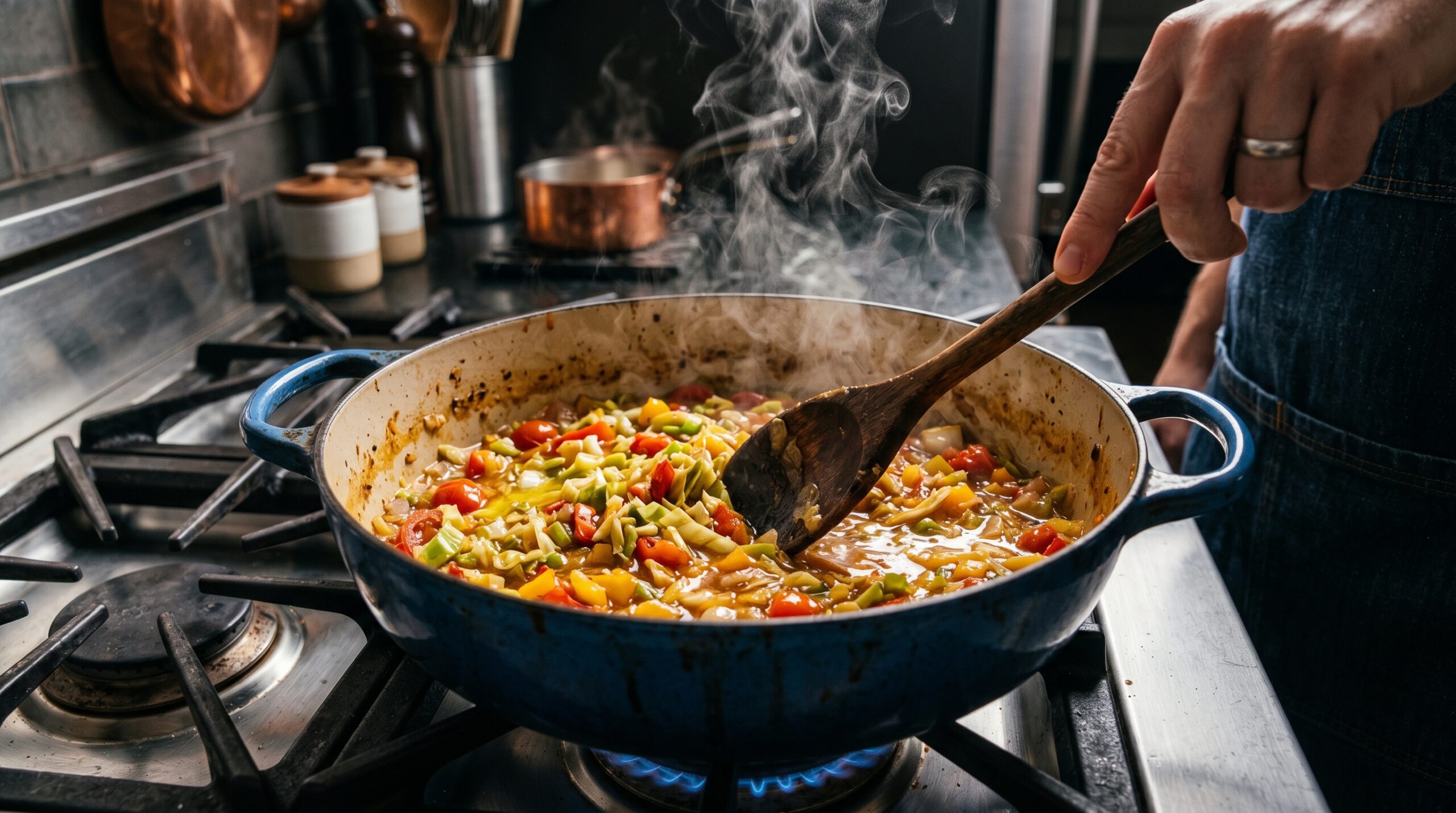 Action shot of a sturdy wooden spoon stirring a deeply colorful, steaming mixture of diced cabbage, peppers, and tomatoes melting with golden butter inside a Dutch oven