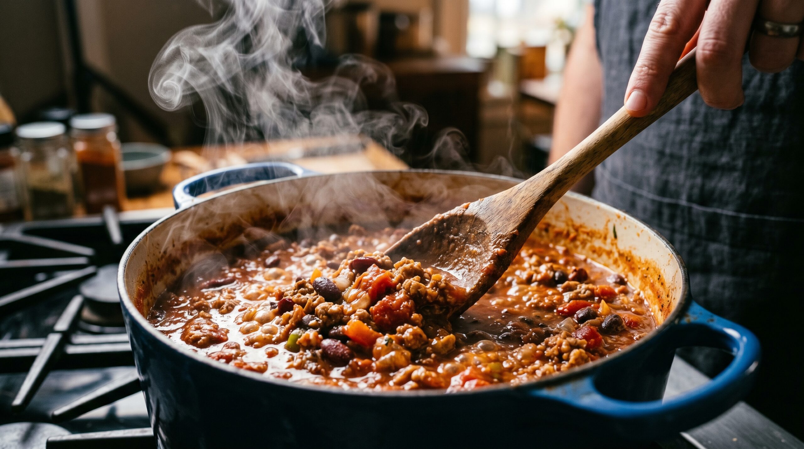 Action shot of a sturdy wooden spoon stirring a thick, bubbling, deeply colored turkey chili inside a heavy enameled cast-iron Dutch oven