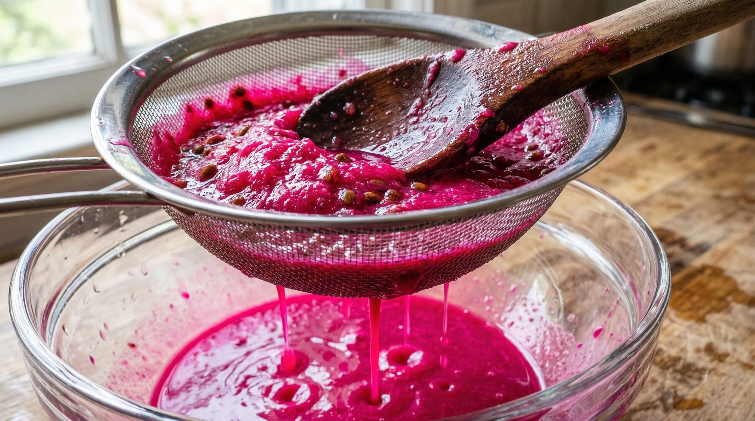 Macro detail of a thick, vibrant fuchsia-pink prickly pear puree being actively pressed through a fine-mesh stainless steel sieve with a wooden spoon