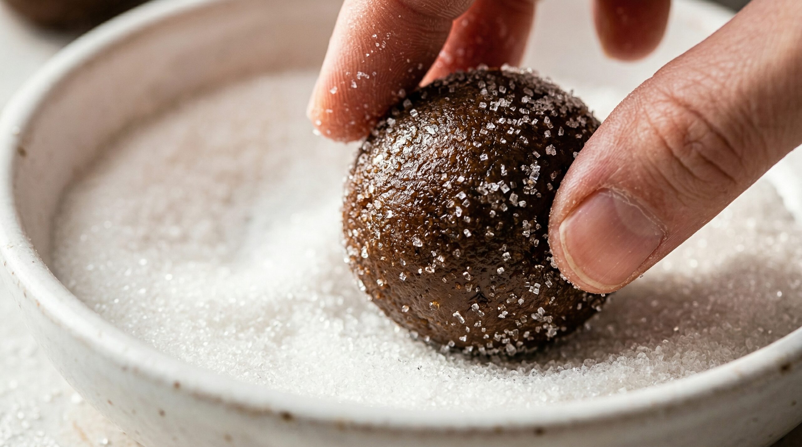 Close-up of a hand rolling dark ginger dough in white granulated sugar