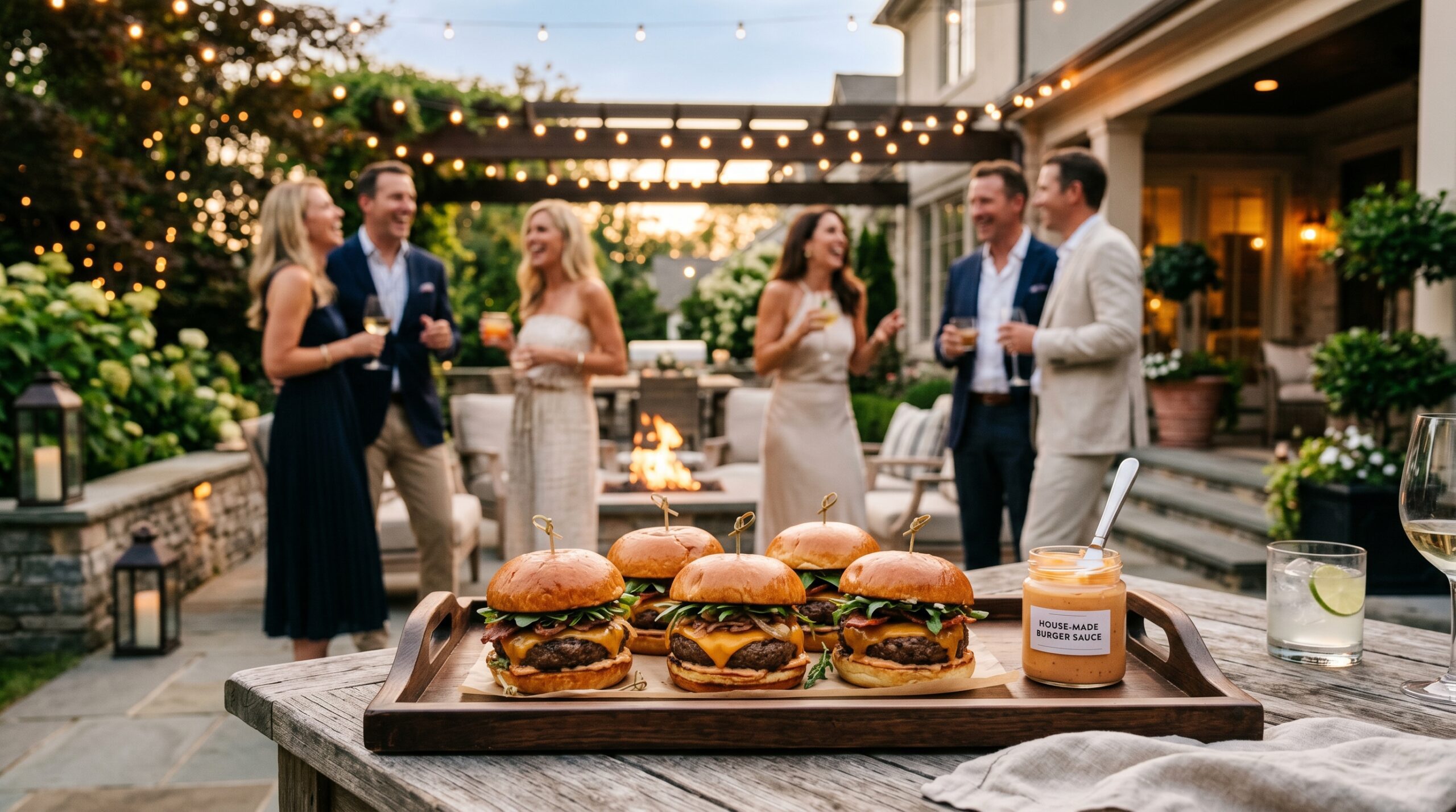 Elegant outdoor estate patio during a warm summer evening gathering with couples laughing in the background and fully assembled gourmet burgers in the foreground