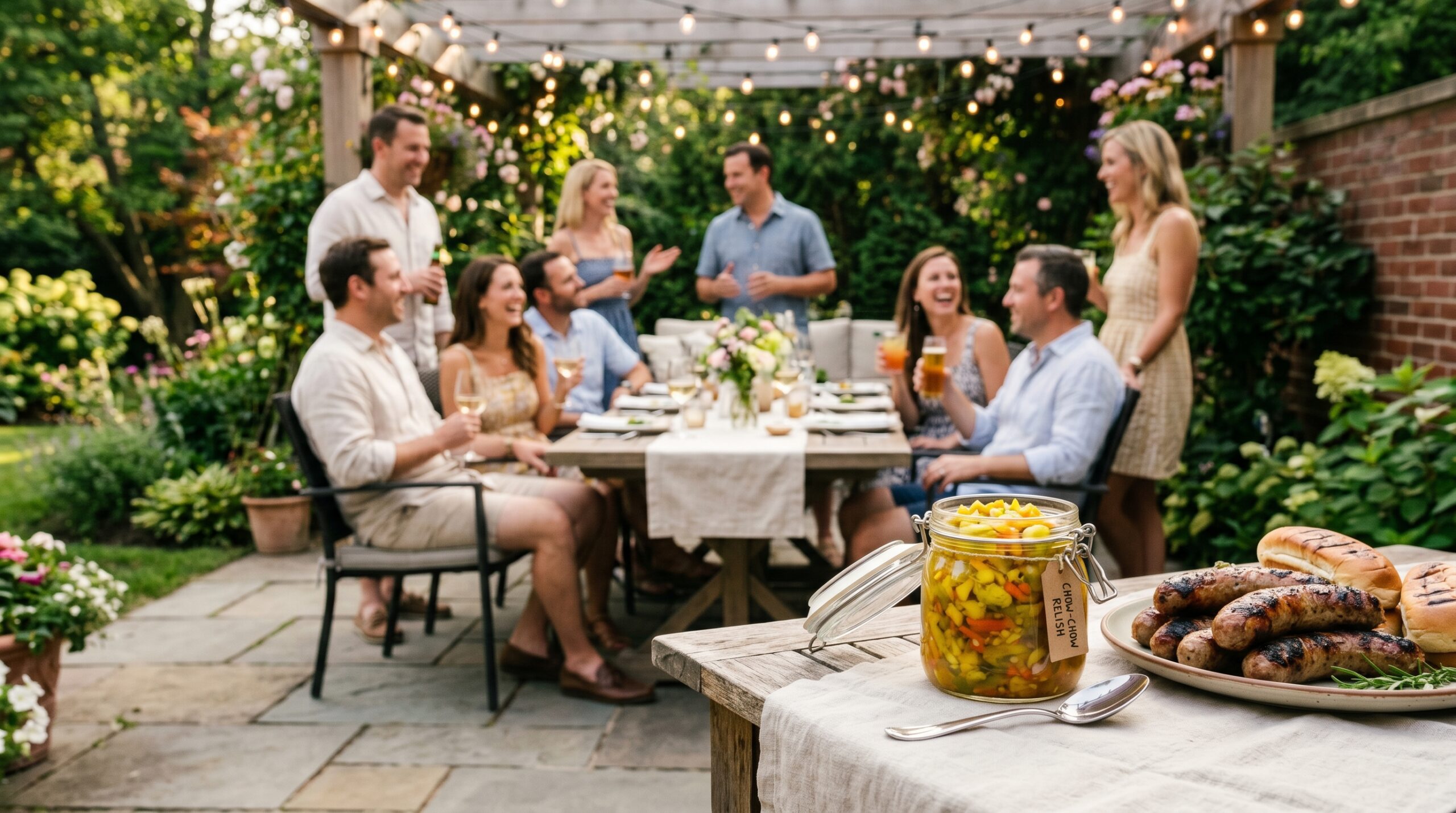 Elegant outdoor patio during a warm afternoon cookout with couples laughing in the background, an open glass jar of vibrant Chow-Chow relish in the foreground