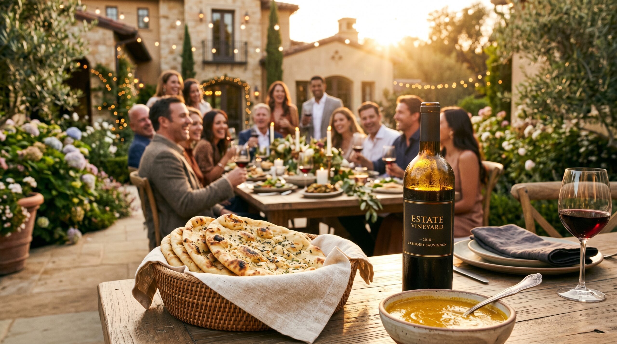Elegant outdoor estate patio during late-afternoon golden hour with warmly dressed guests laughing and enjoying wine around a beautifully set rustic dining table