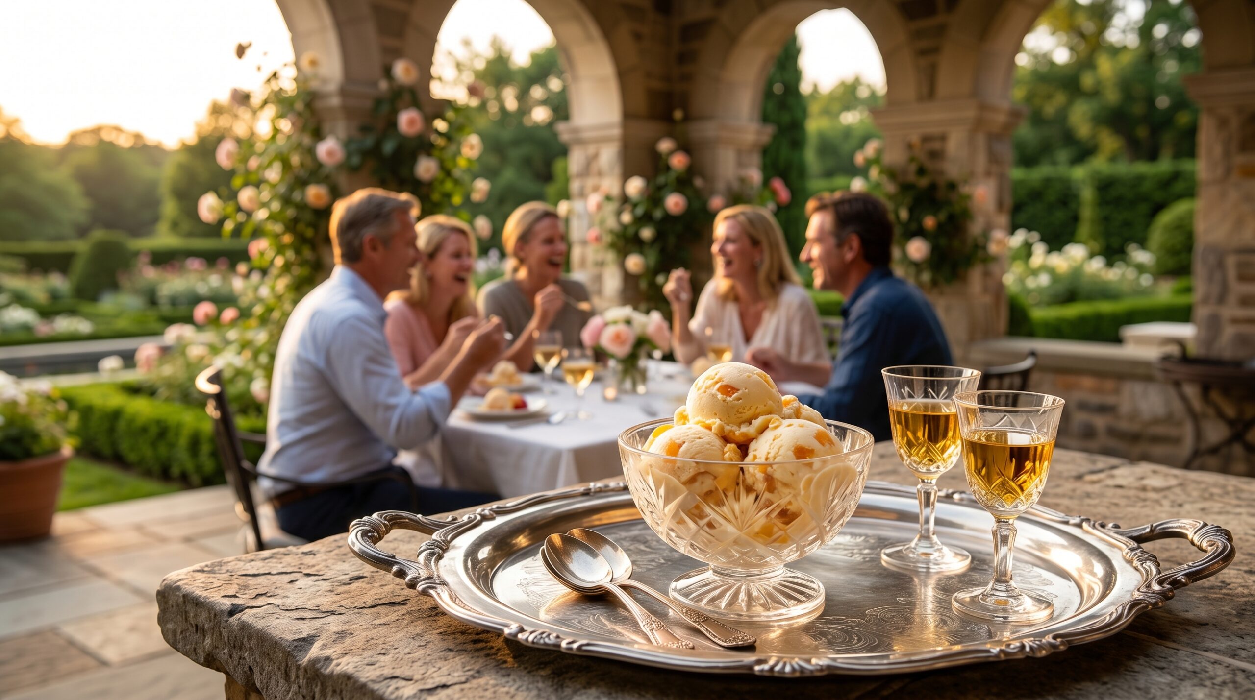 Elegant outdoor estate veranda during a golden, late-summer afternoon gathering with couples laughing in the background, crystal bowls of peach ice cream in the foreground