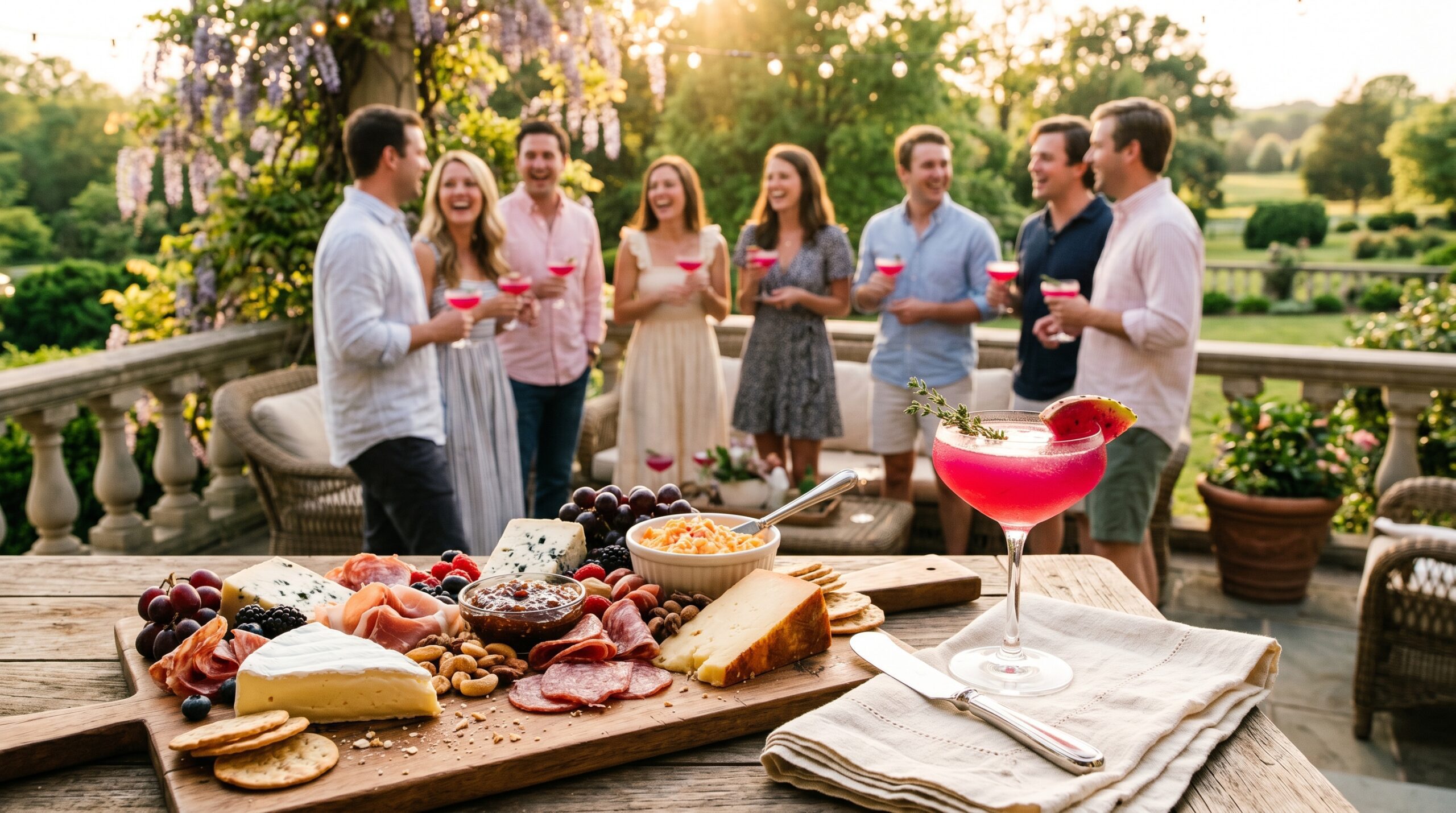 Elegant outdoor veranda during a hazy summer afternoon gathering with couples laughing in the background, a sprawling Southern charcuterie board and bright pink cocktails in the foreground