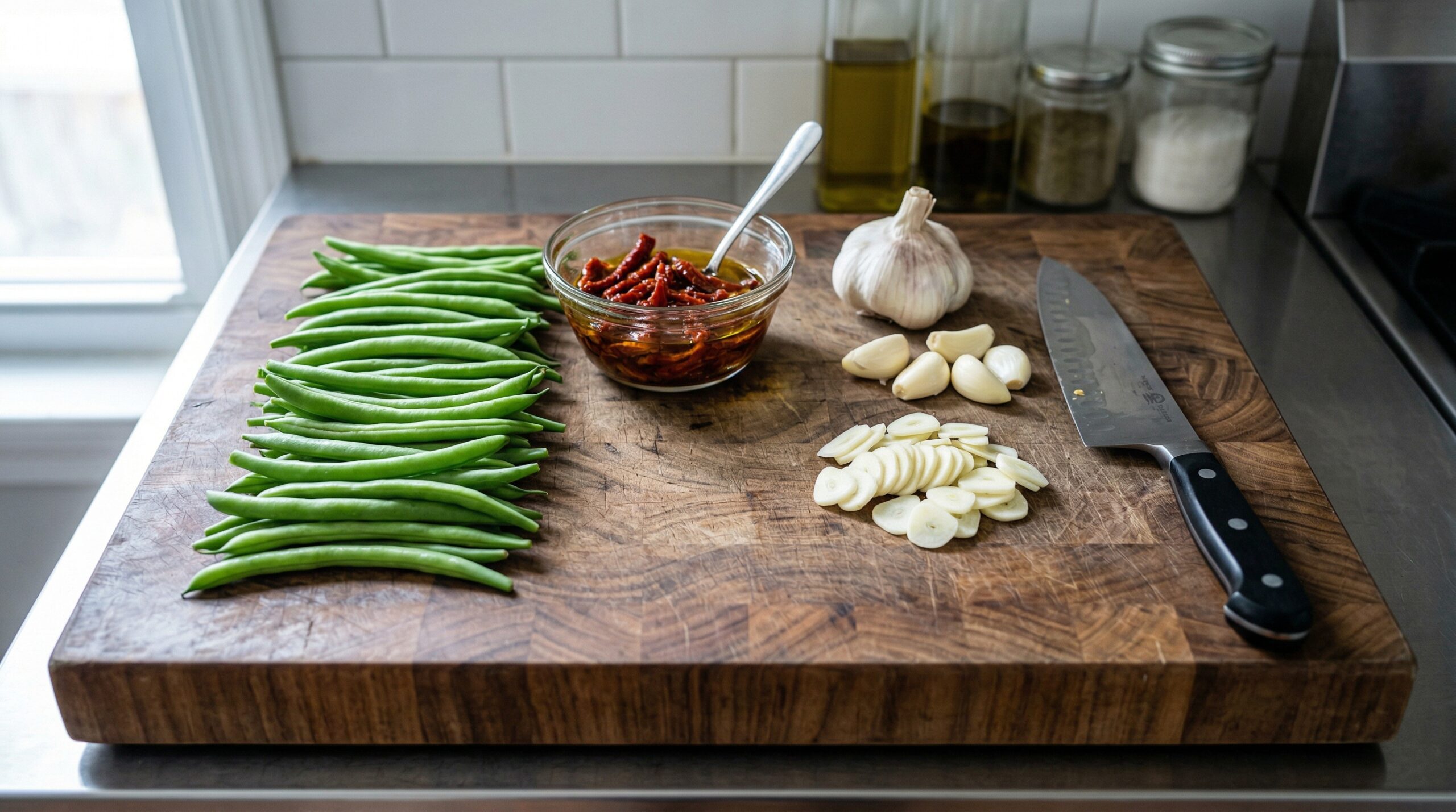 Freshly trimmed bright green beans resting next to a small glass bowl of julienned sun-dried tomatoes packed in oil and thinly sliced raw garlic coins