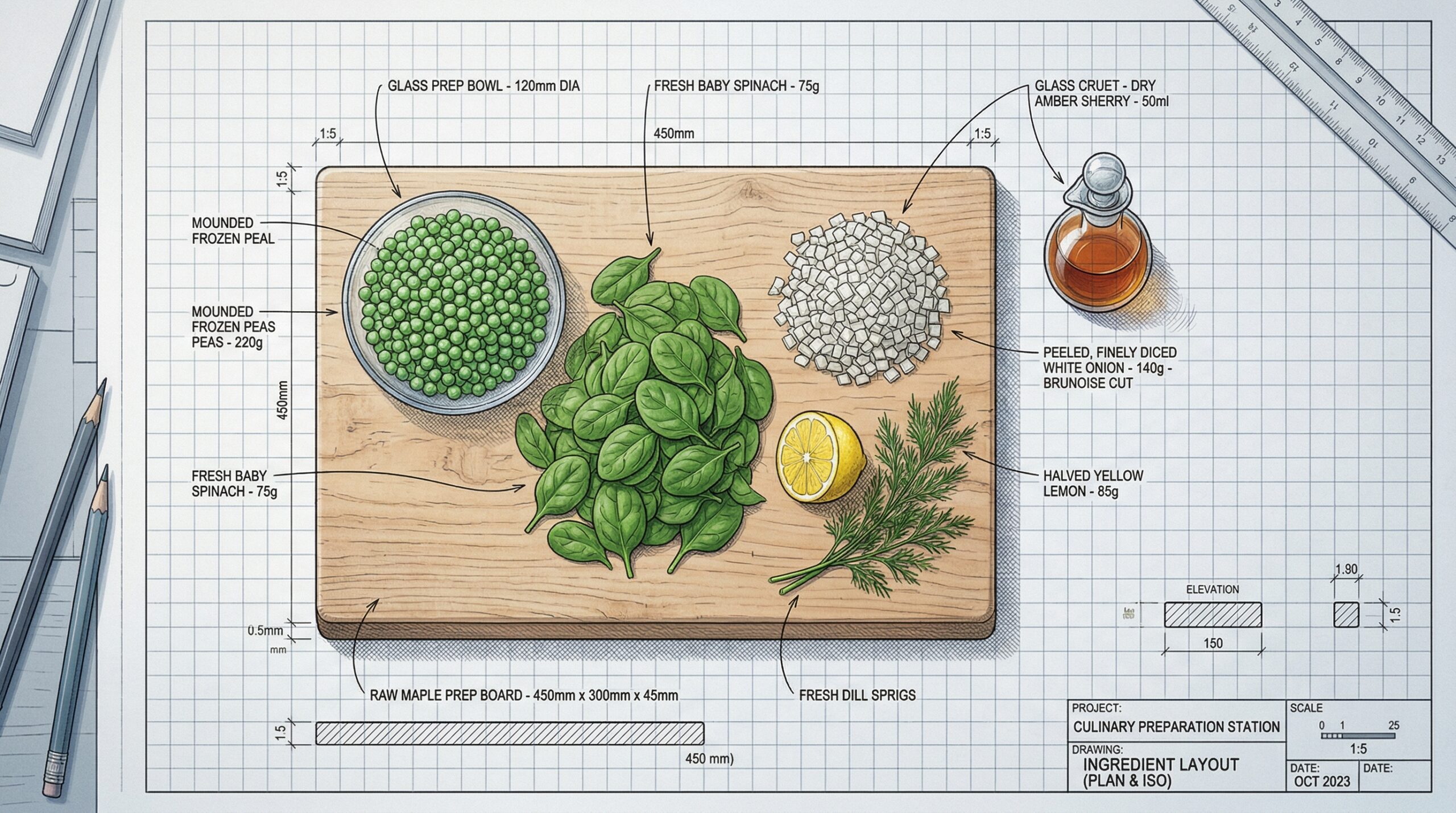A glass bowl mounded with bright green frozen peas resting next to fresh baby spinach, finely diced white onion, halved lemon, and fresh dill on a wooden prep board