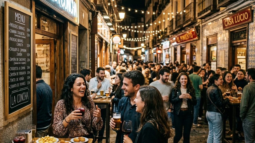 A highly atmospheric, cinematic editorial lifestyle photograph capturing the vibrant mood of a late-night tapas crawl in Madrid, Spain.