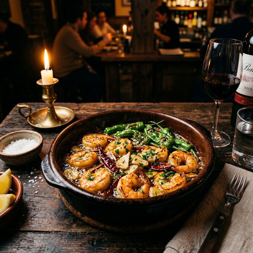 A gorgeous plate of sizzling garlicky shrimp and peppers.