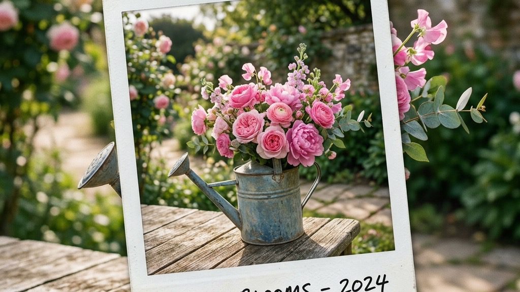 A tilted polaroid-style photography shot of a vintage watering can repurposed as a charming vase, overflowing with freshly picked pink spring flowers.
