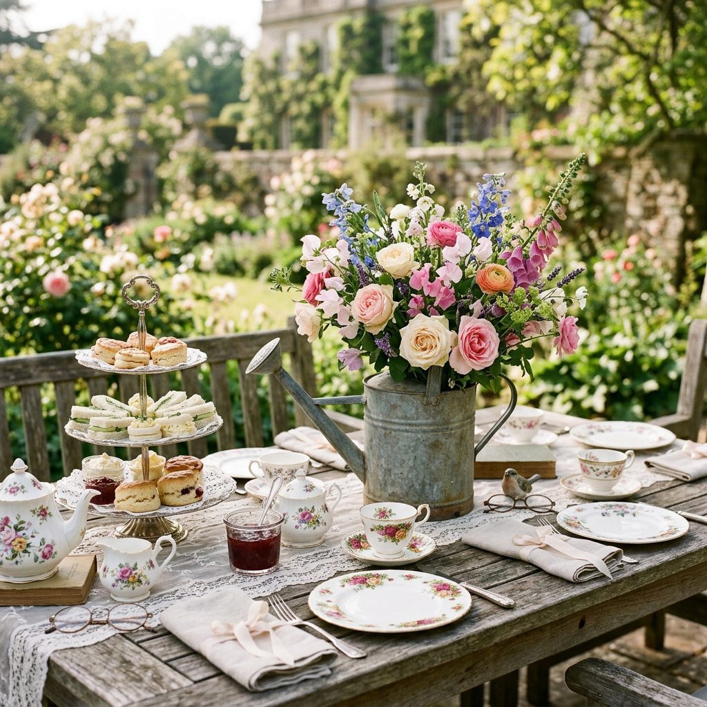 A whimsical, Downton Abbey-inspired afternoon tea table setting.