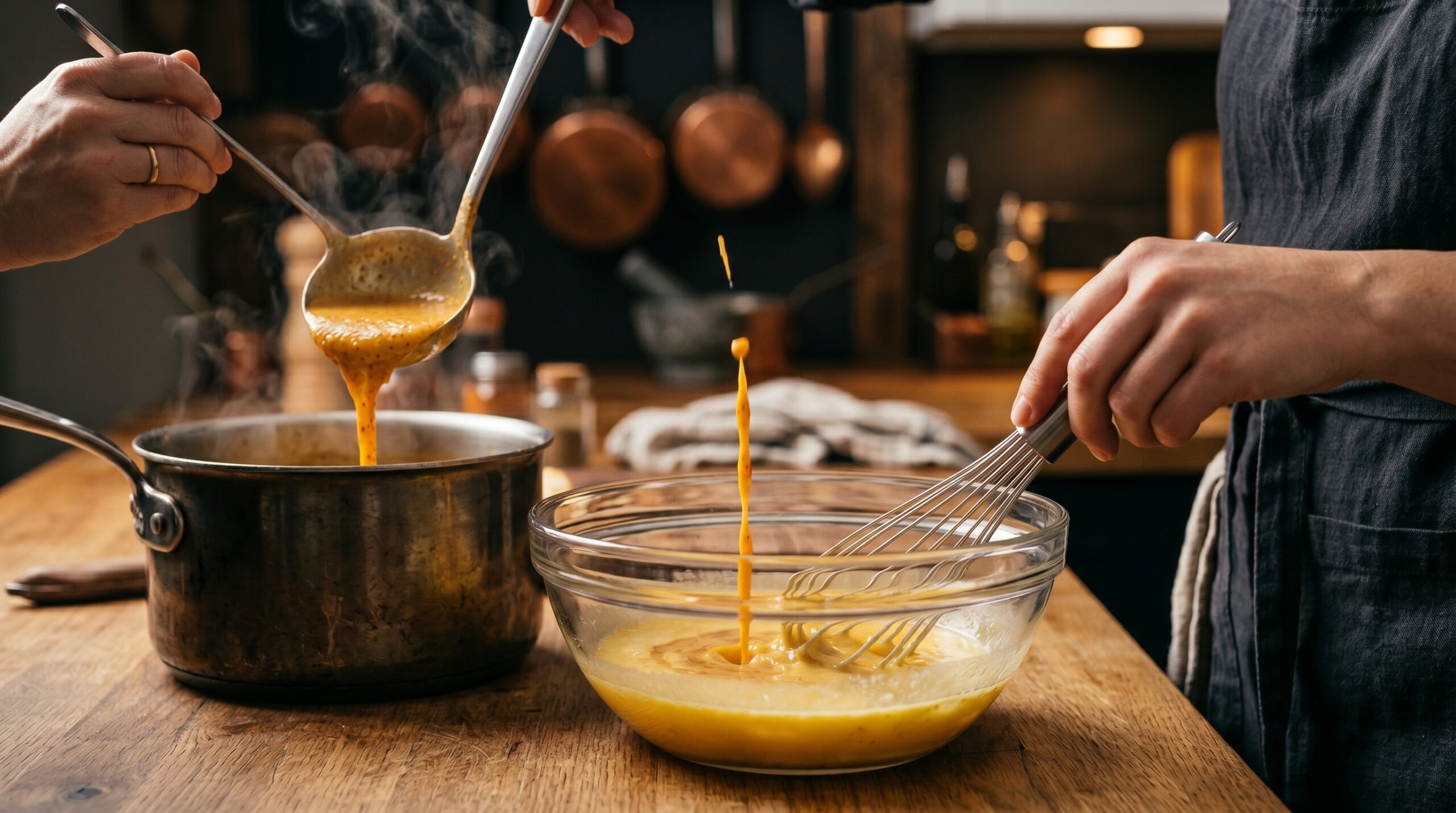 Action shot of a silver ladle pouring a steaming, spiced pumpkin-cream mixture into a bowl of egg yolks while a wire whisk blends them rapidly