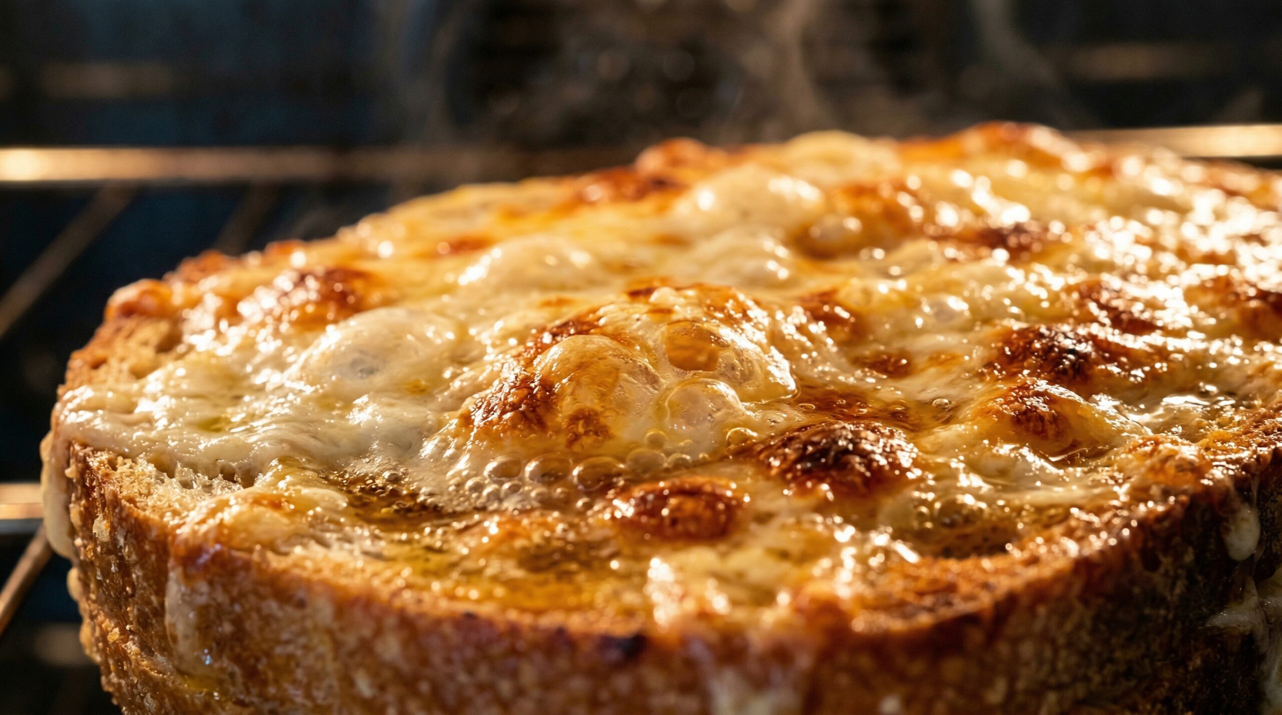 Macro detail of cheese and mayonnaise emulsion bubbling and browning in the oven
