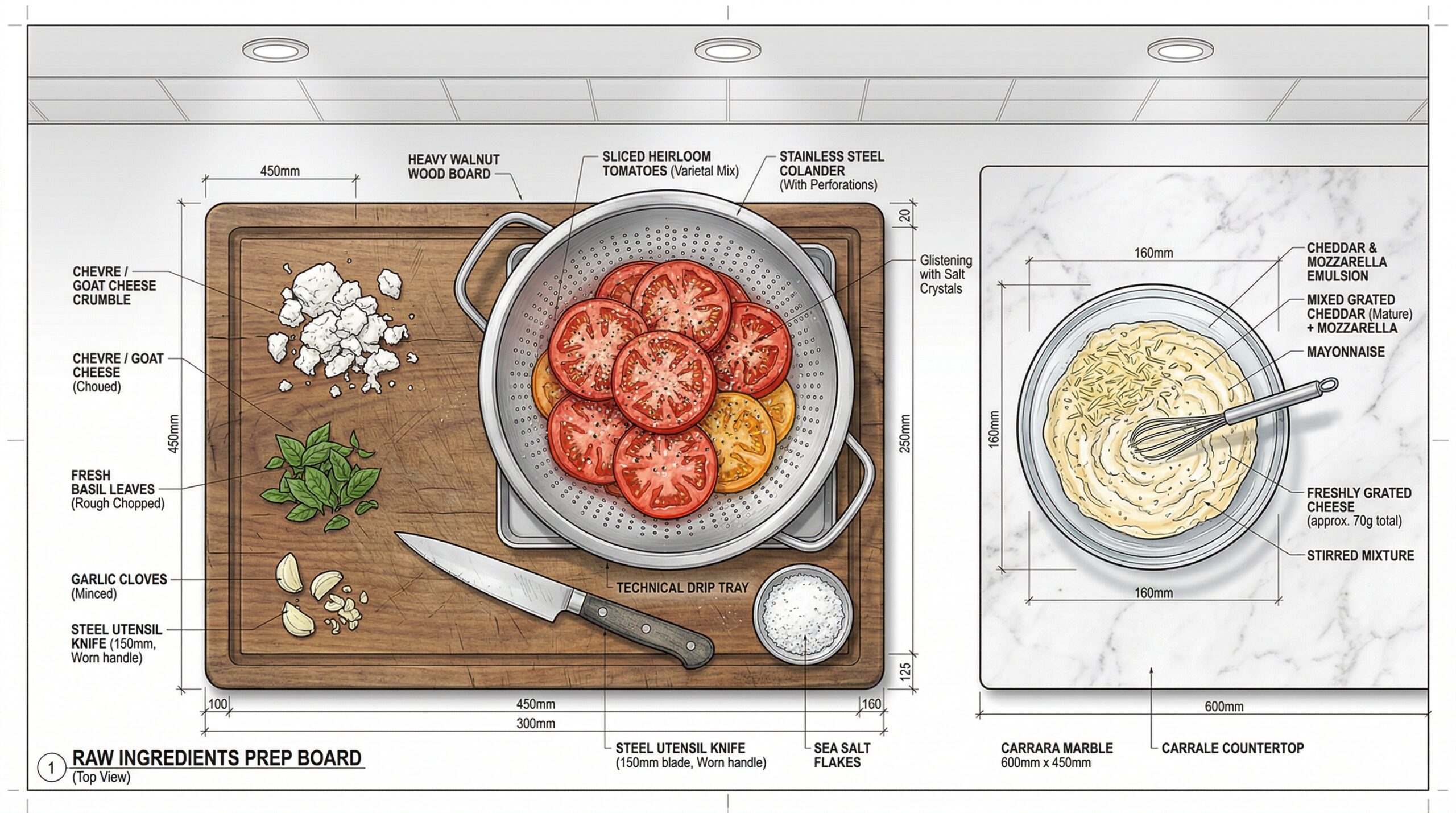 Sliced heirloom tomatoes undergoing salt-driven osmotic extraction in a colander