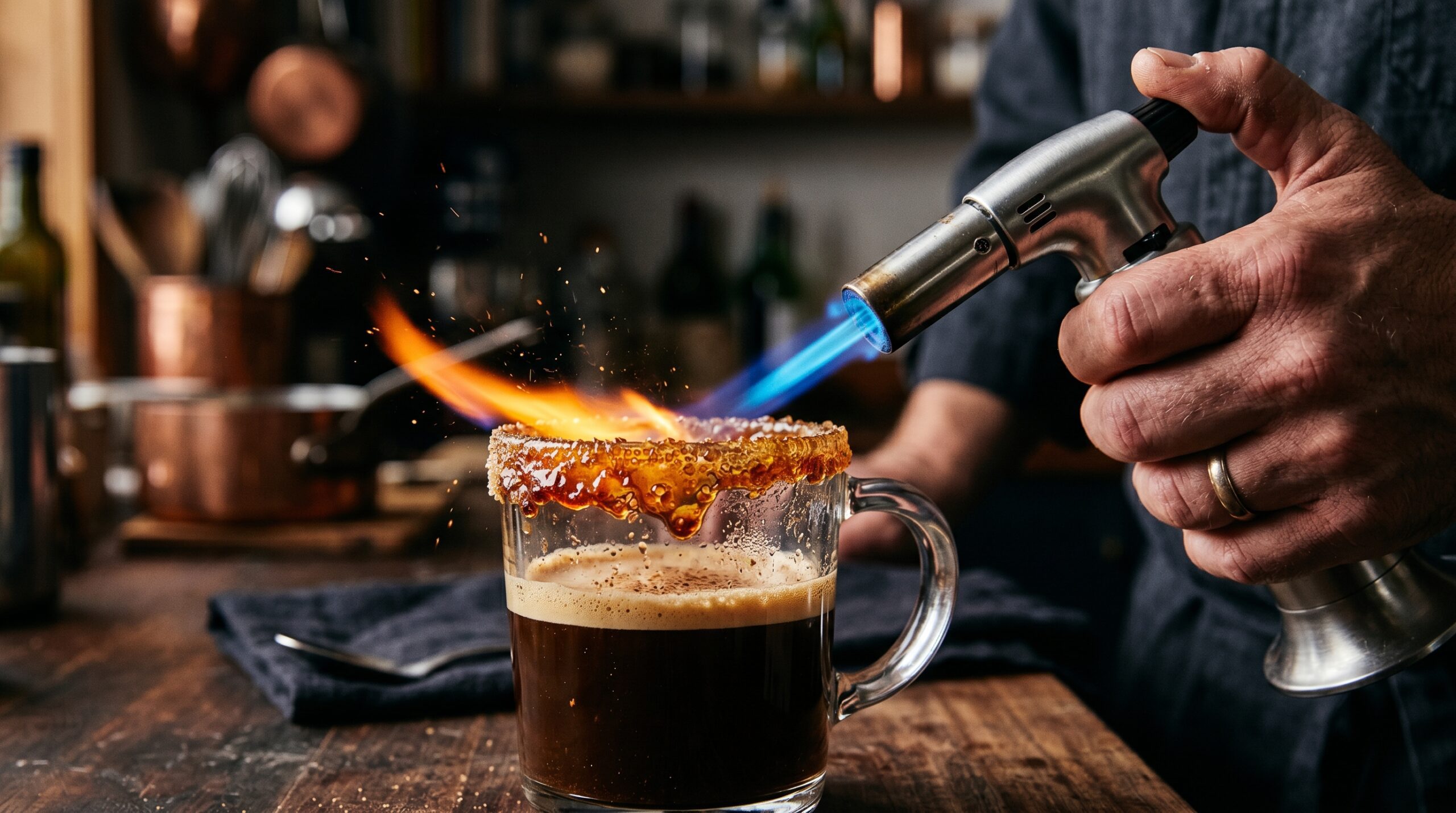 Action shot of a sleek culinary butane torch actively caramelizing a crust of granulated sugar around the rim of a clear glass mug