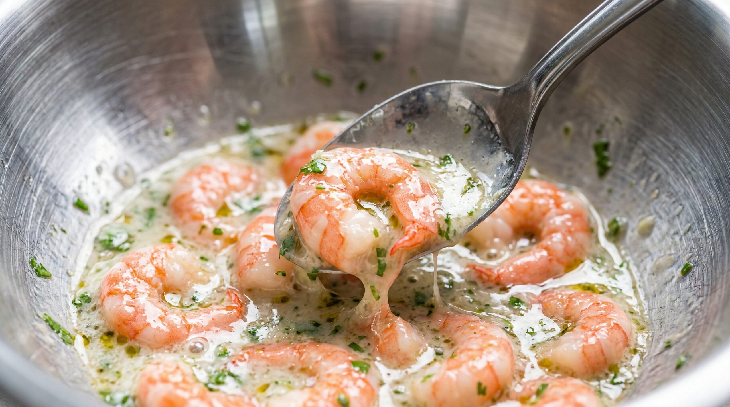 Macro detail of bright pink shrimp being actively tossed with a silver spoon in a glossy, thick suspension of olive oil, fresh lime juice, and chopped cilantro