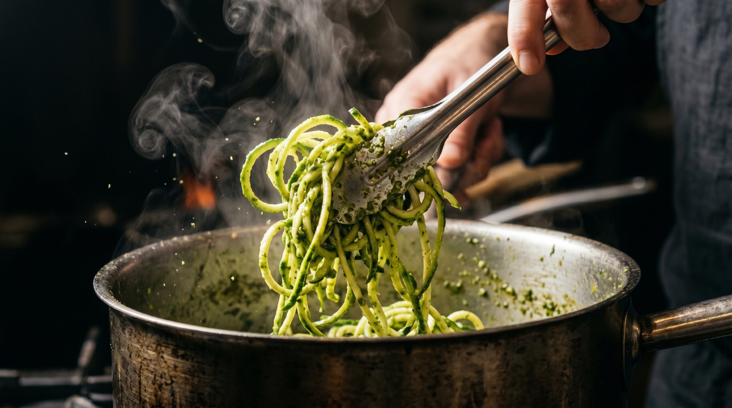 Action shot of elegant silver culinary tongs pulling and tossing steaming zucchini noodles as thick, vibrant green pesto melts over them